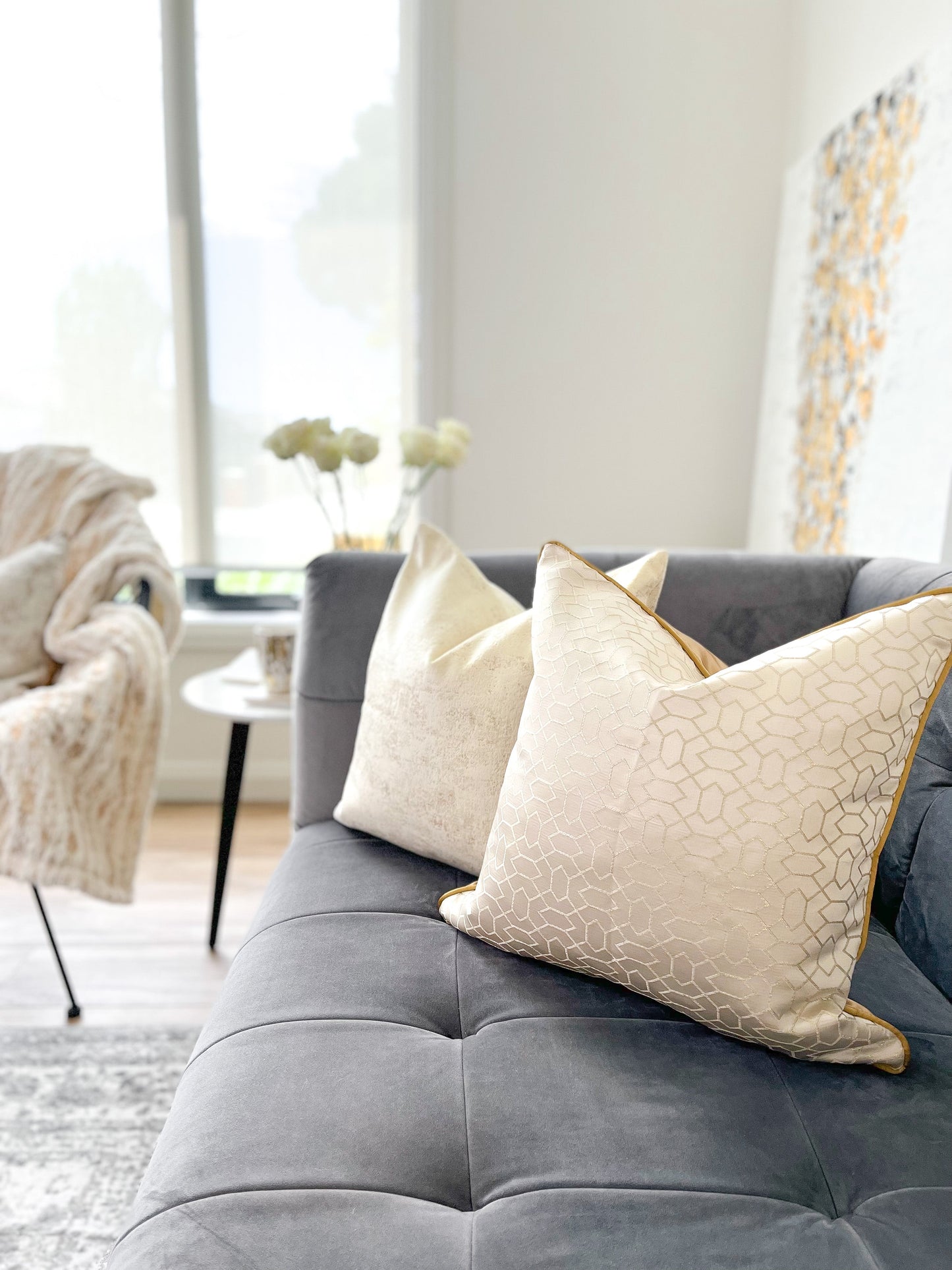 Beige & Gold Jacquard Luxury Cushion Cover