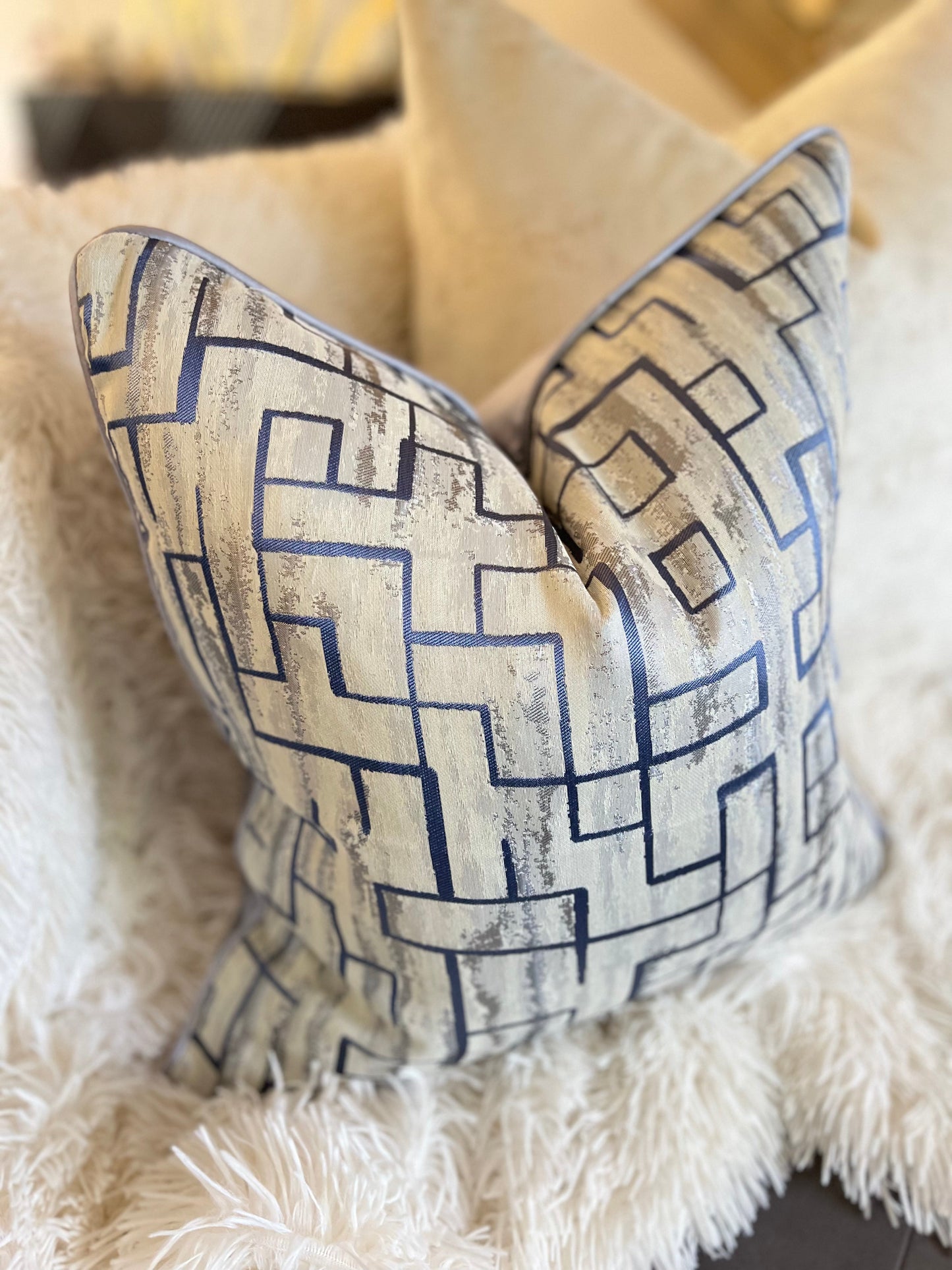 Symmetrical Blue and Silver Jacquard Luxury Cushion Cover