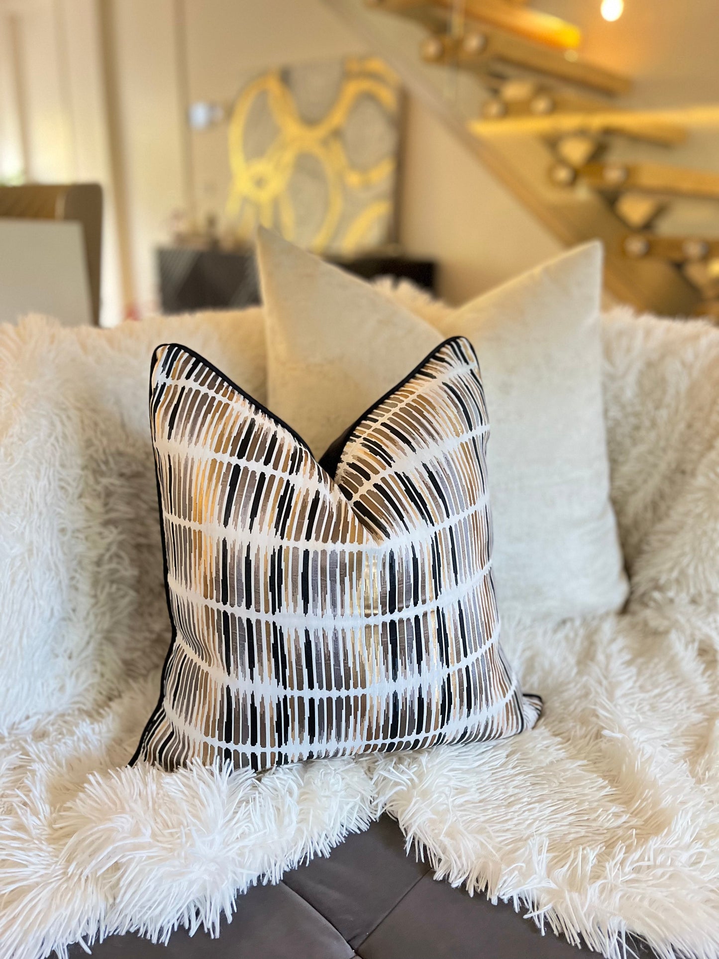 Striped Black and White Jacquard Luxury Cushion Cover