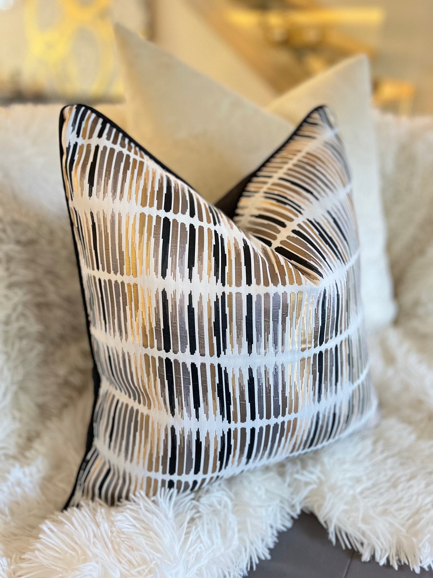 Striped Black and White Jacquard Luxury Cushion Cover