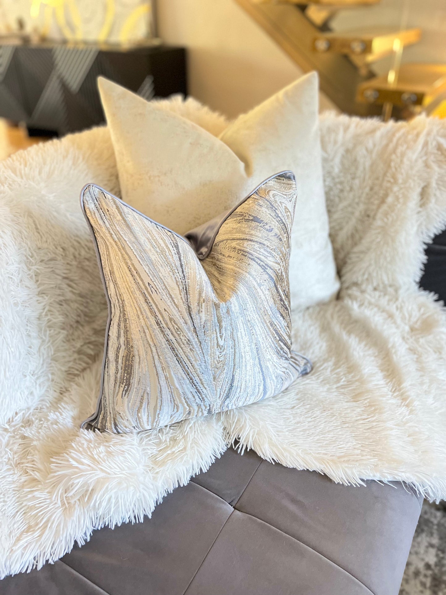 Cloudy Grey and Gold Jacquard Luxury Cushion Cover