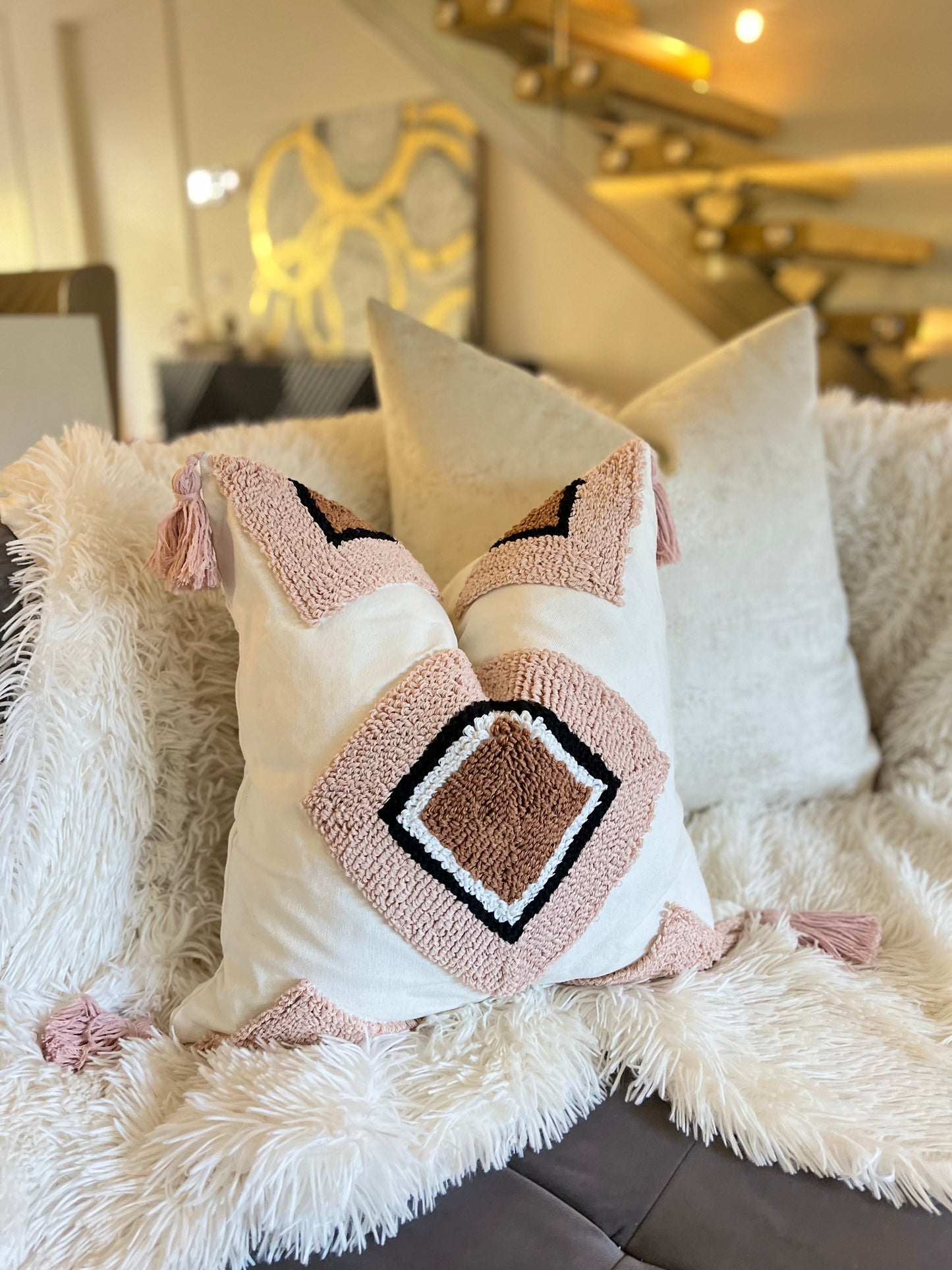 Bohemian Geometric Pink Jacquard Luxury Cushion Cover