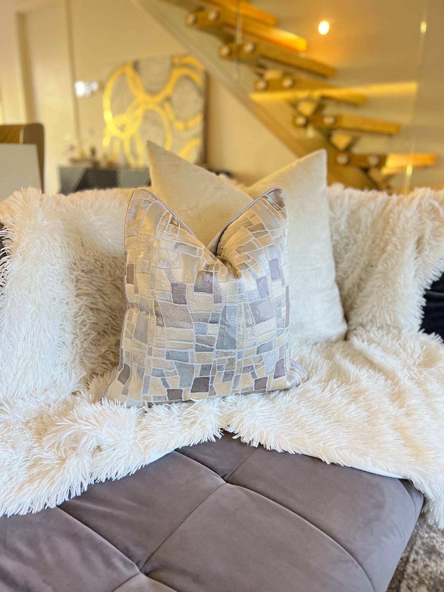 Geometric Nude and Grey Jacquard Luxury Cushion Cover