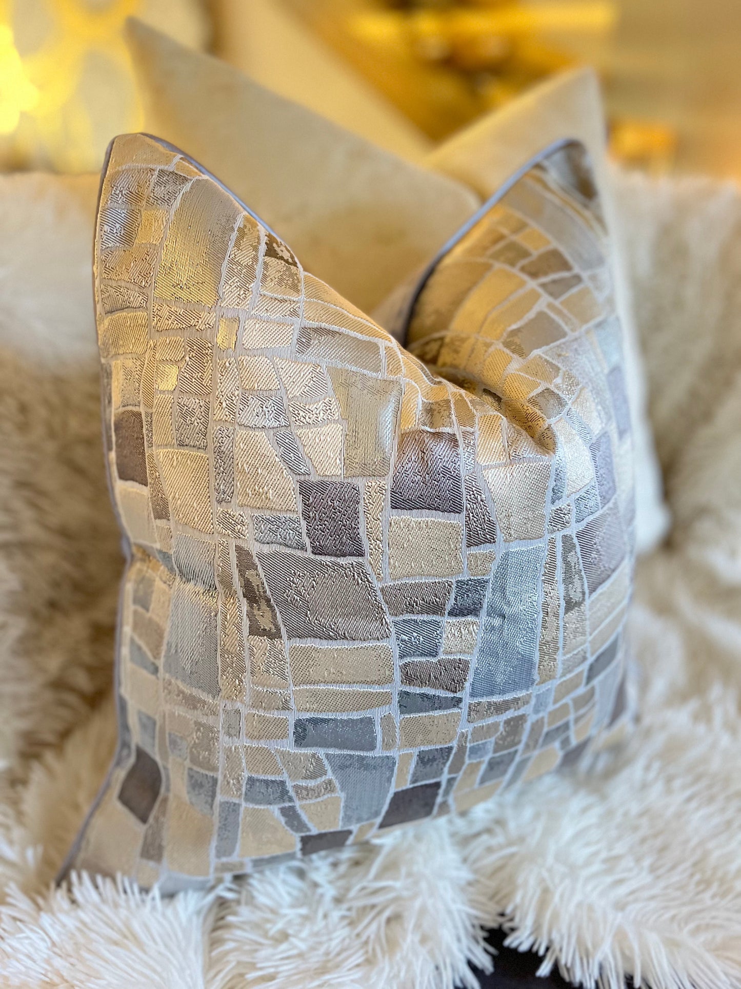 Geometric Nude and Grey Jacquard Luxury Cushion Cover