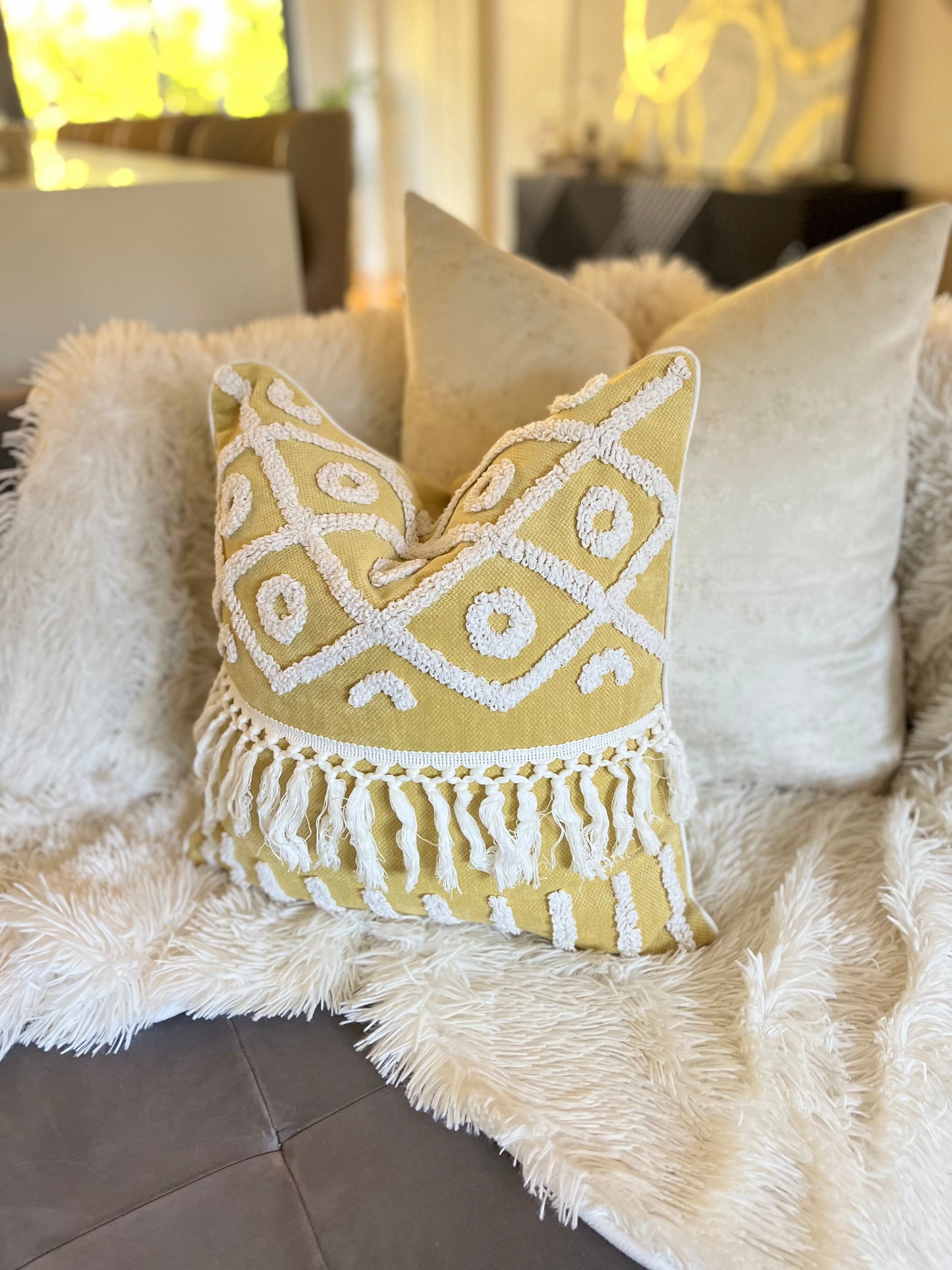 Bohemian Geometric Yellow and White Jacquard Luxury Cushion Cover
