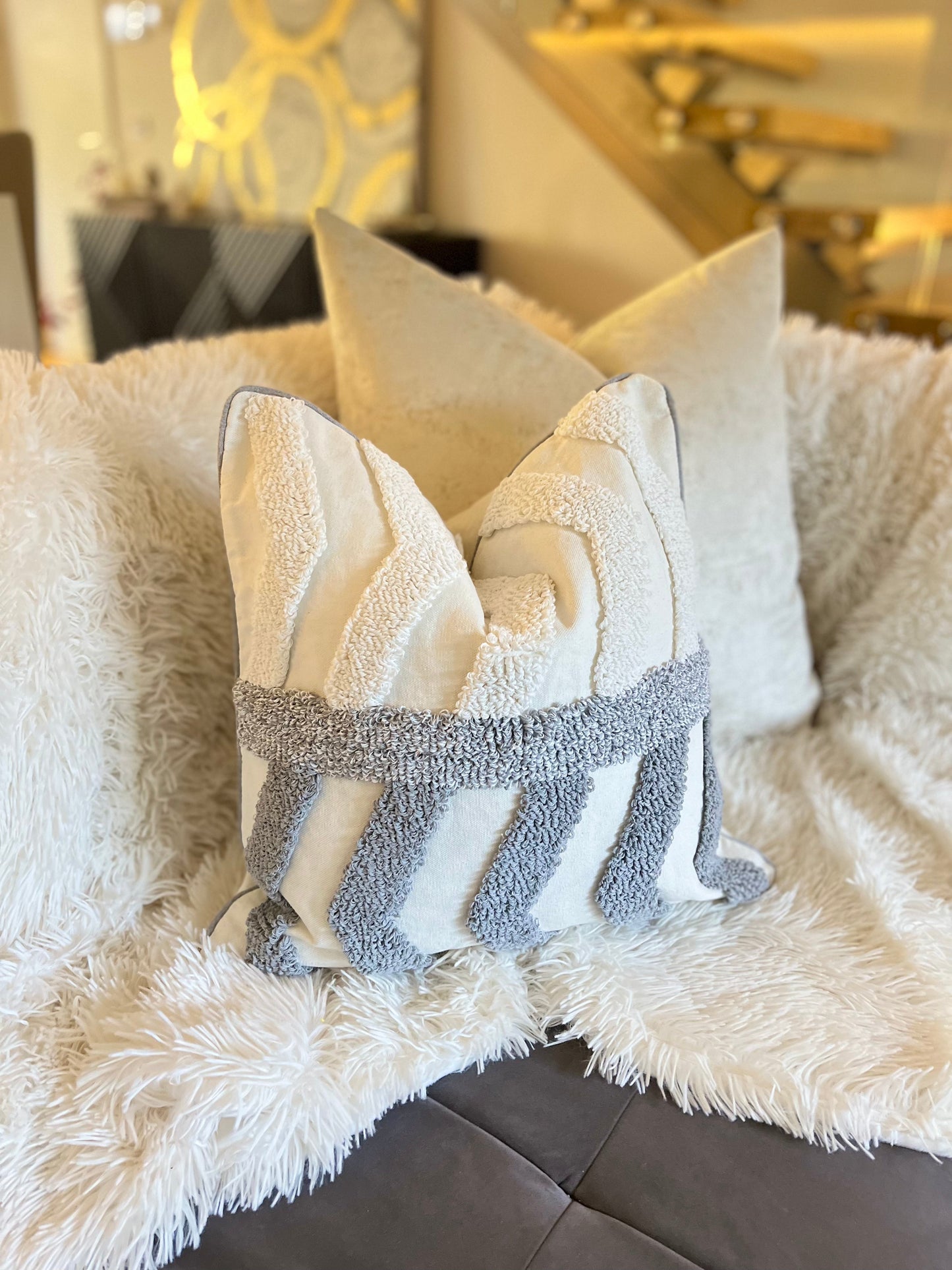 Bohemian Striped Grey and White Jacquard Luxury Cushion Cover