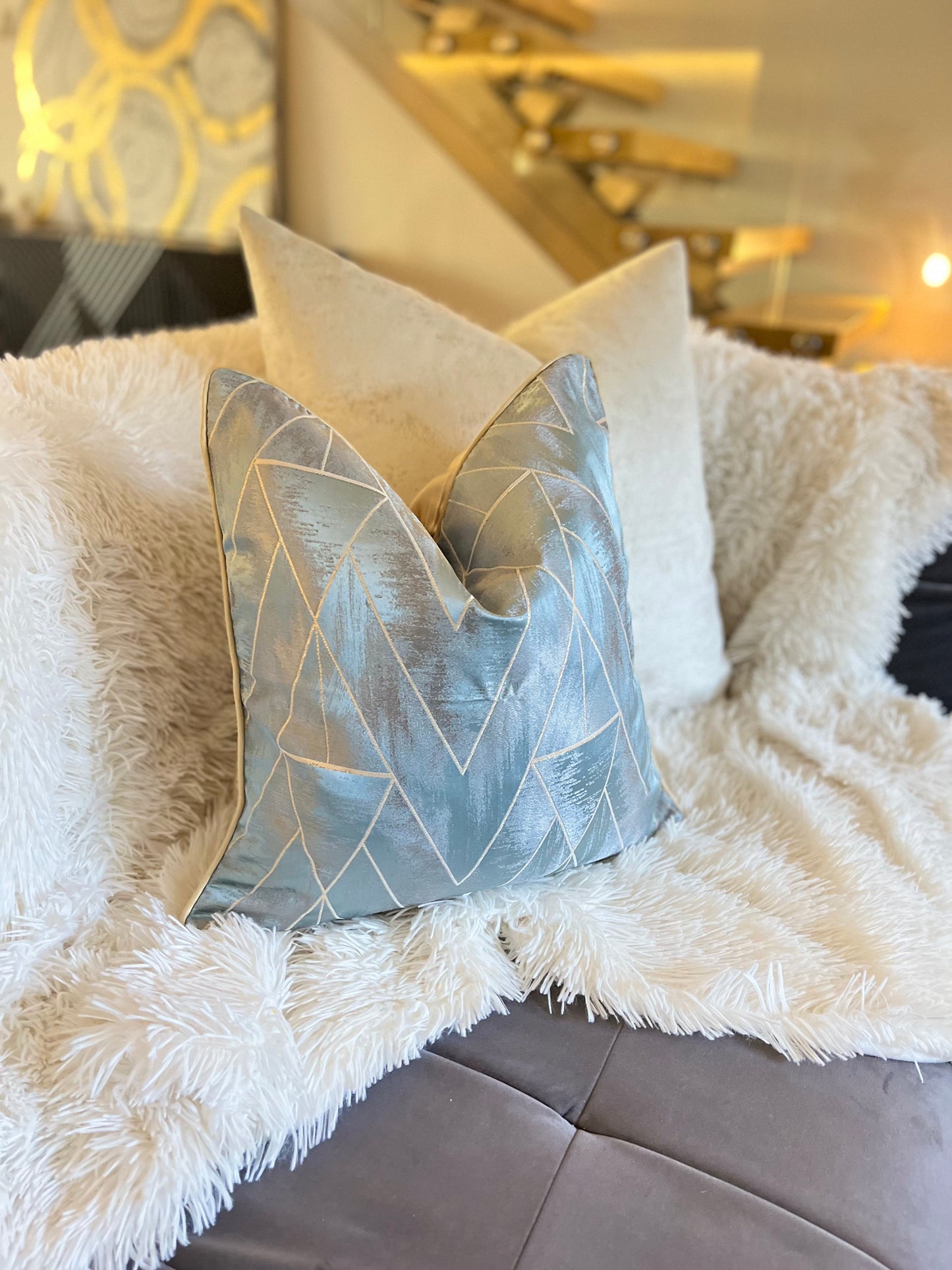 Silver and Blue Jacquard Luxury Cushion Cover