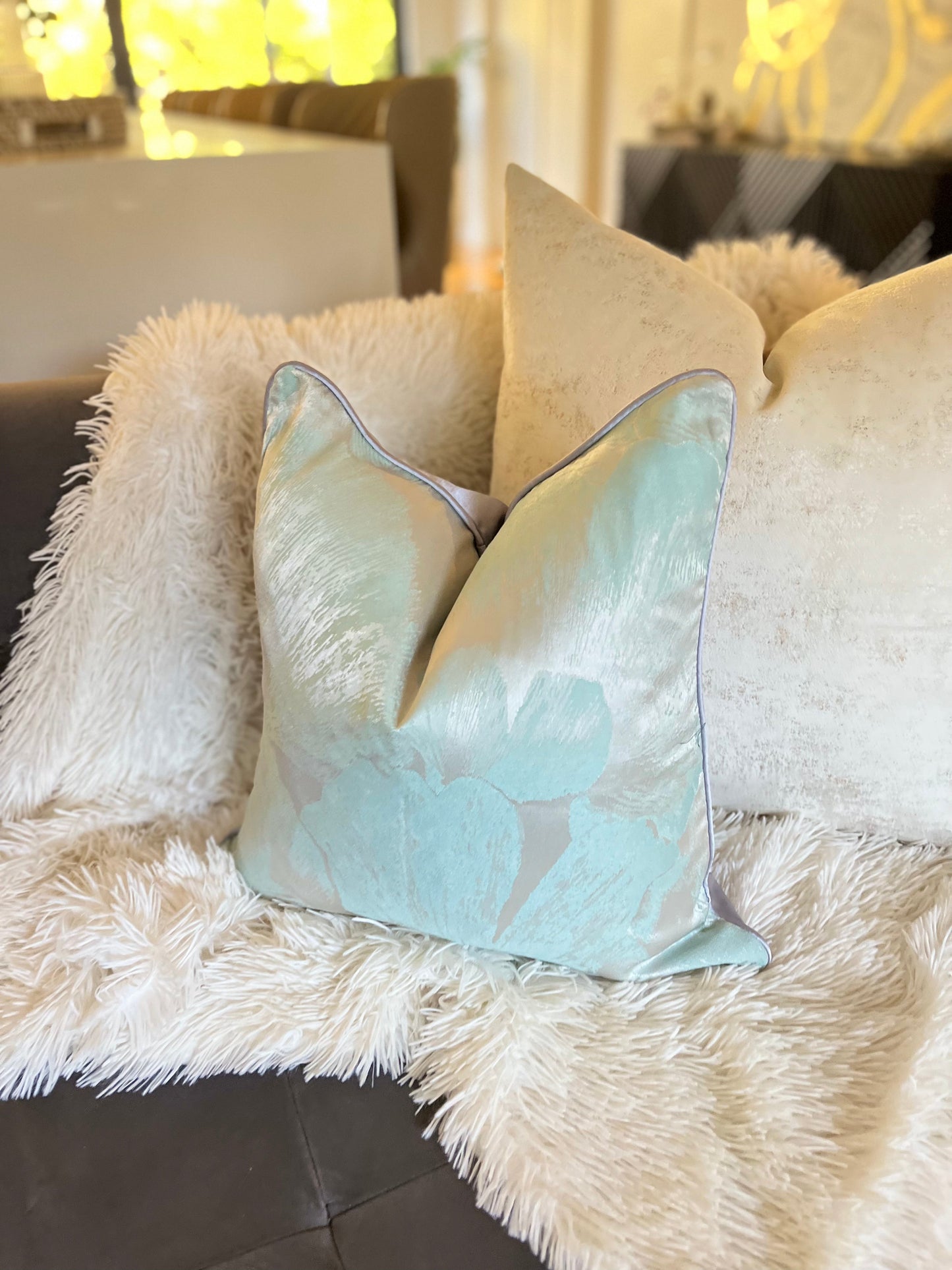 Light Blue and Silver Jacquard Luxury Cushion Cover