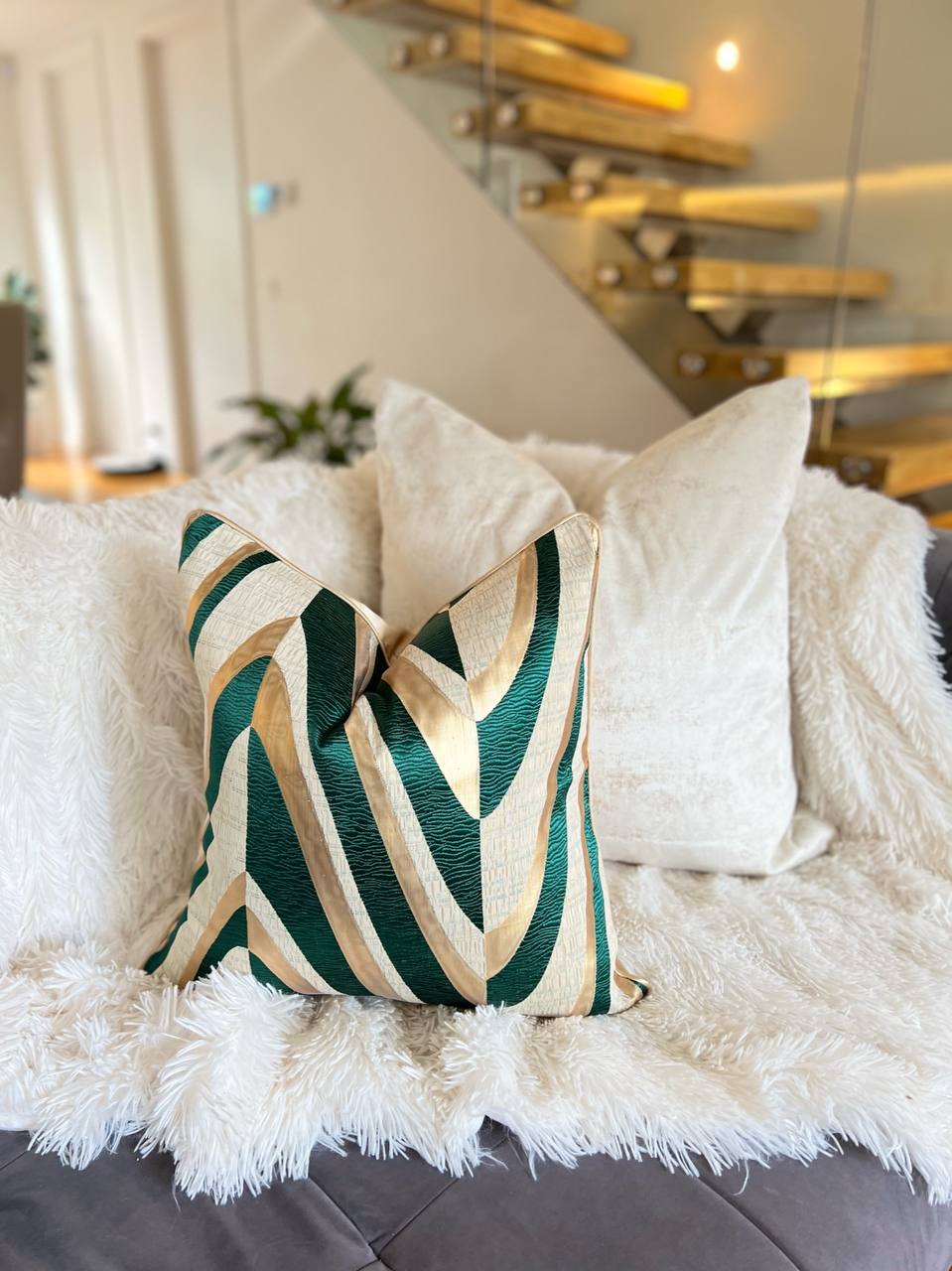 Green and Gold Checkered Luxury Cushion Cover