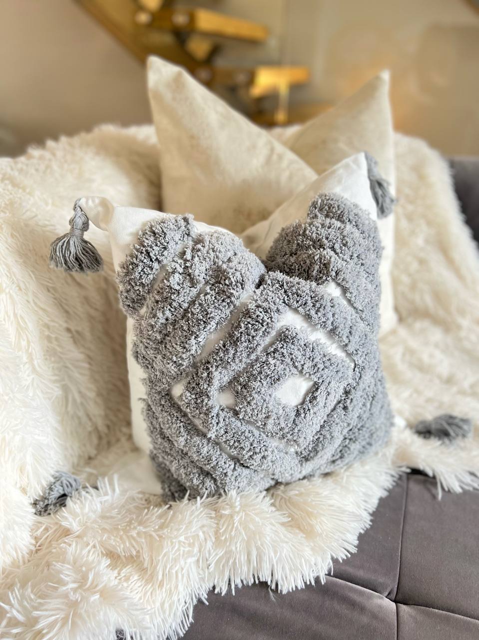 White and Dark Grey Bohemian Style Cushion