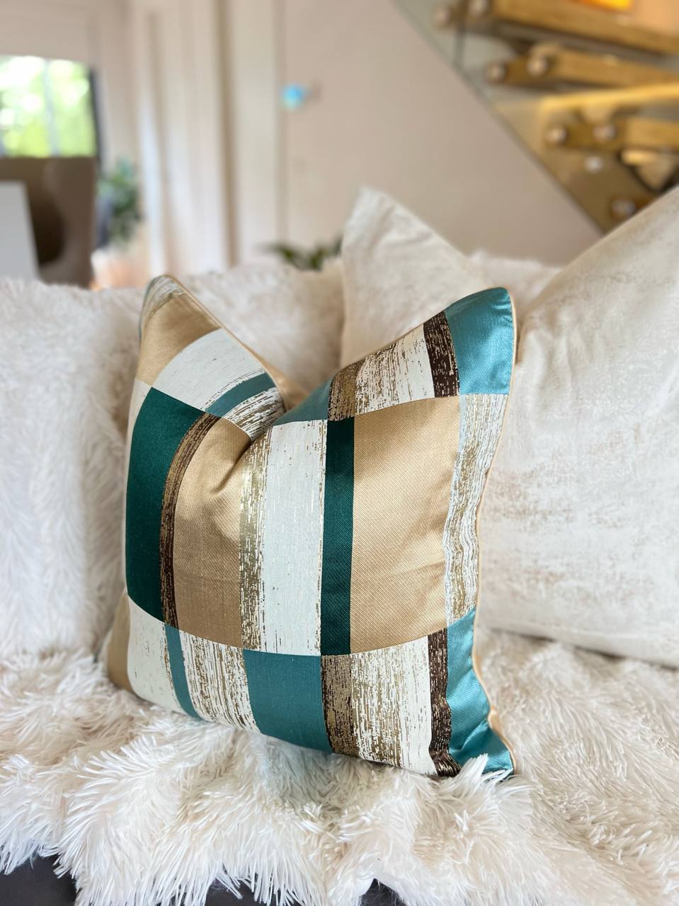 Striped Green and Gold Luxury Cushion Cover