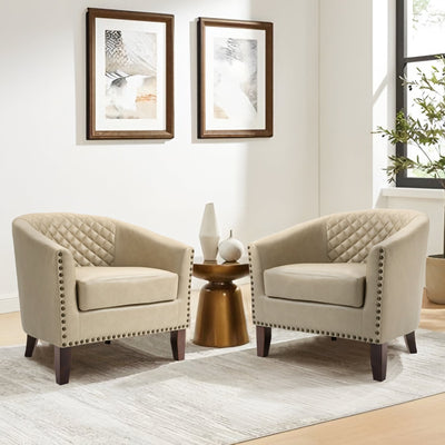 2 Set 29 W Vegan Leather Barrel Accent Chairs with Nailheads Trim