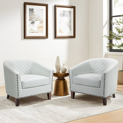 2 Set 29 W Vegan Leather Barrel Accent Chairs with Nailheads Trim
