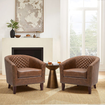 2 Set 29 W Vegan Leather Barrel Accent Chairs with Nailheads Trim