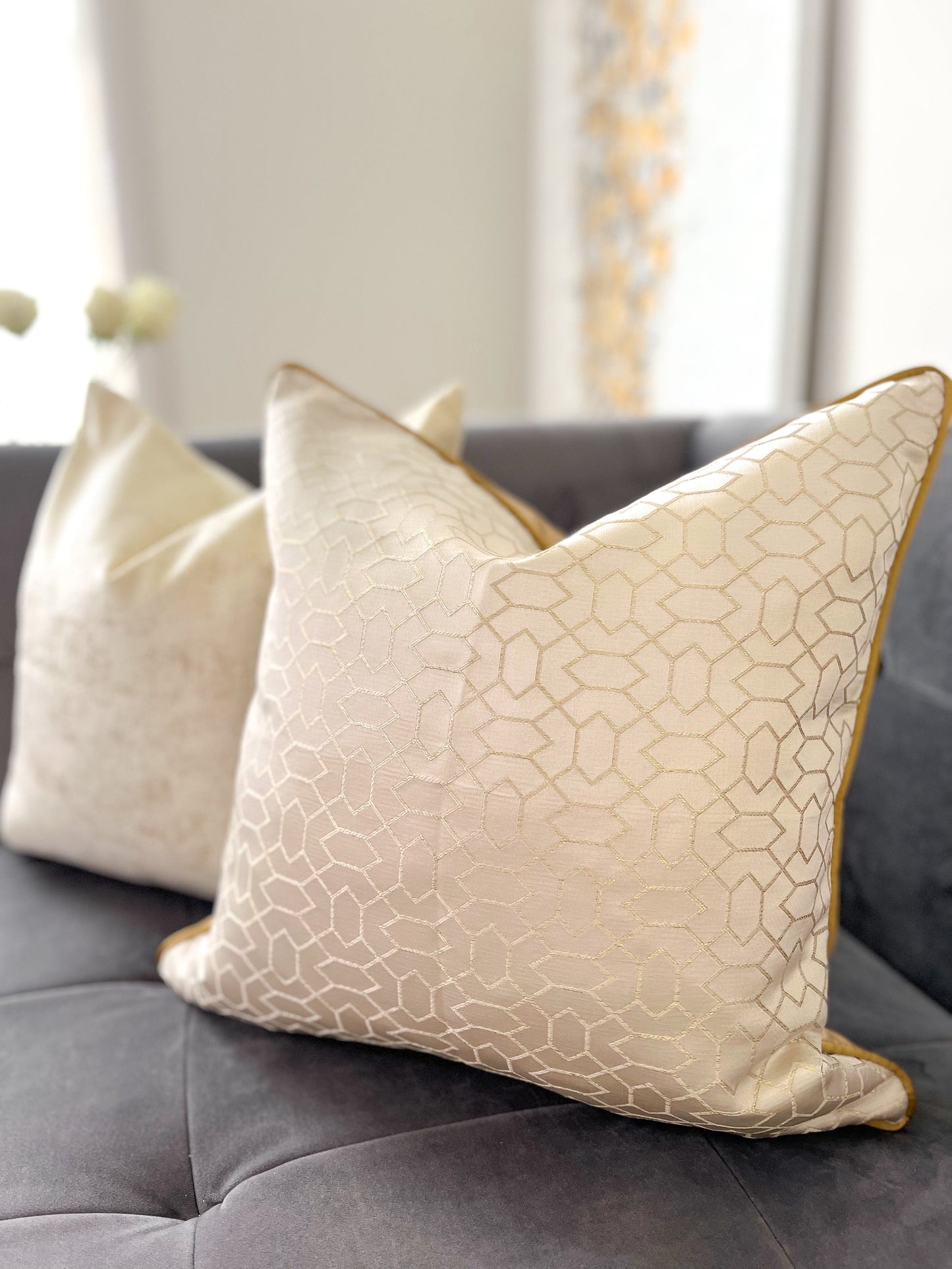 Beige & Gold Jacquard Luxury Cushion Cover