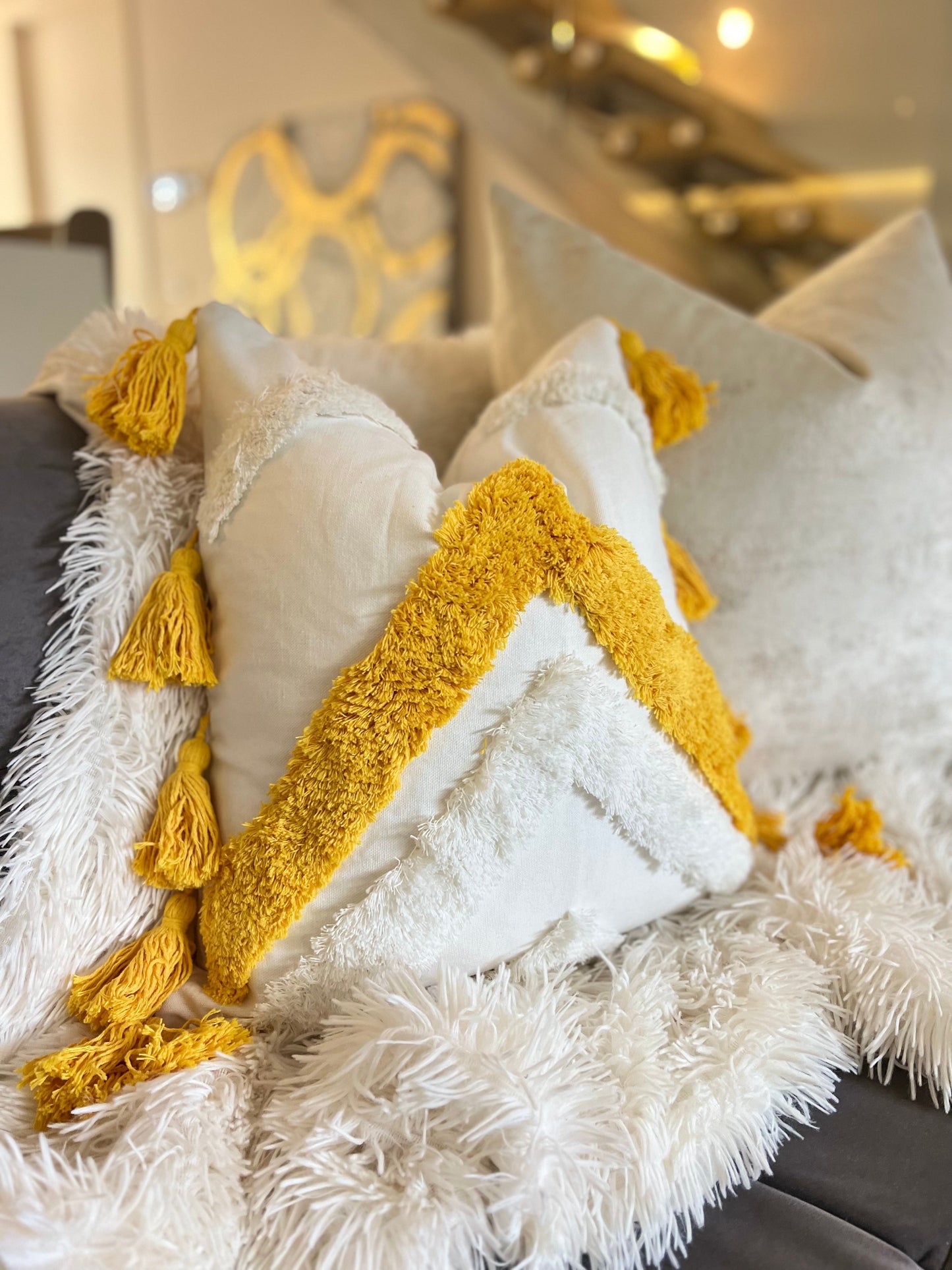 Bohemian Yellow and Cream Jacquard Luxury Cushion Cover