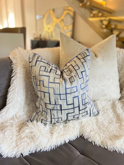 Symmetrical Blue and Silver Jacquard Luxury Cushion Cover
