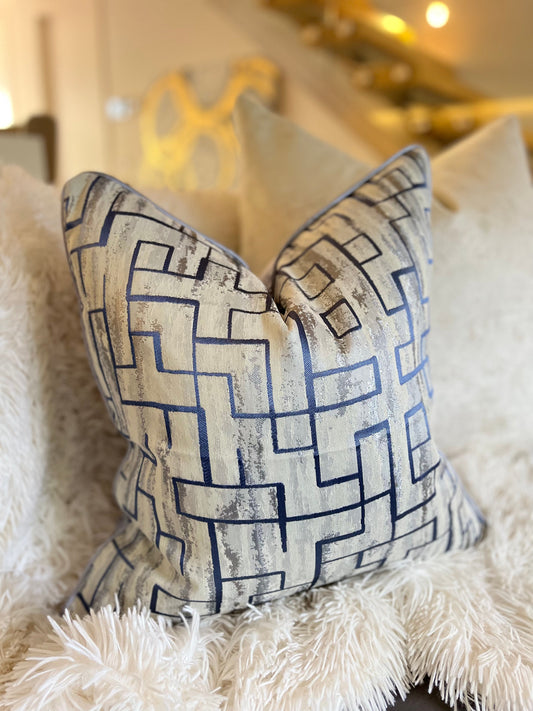 Symmetrical Blue and Silver Jacquard Luxury Cushion Cover