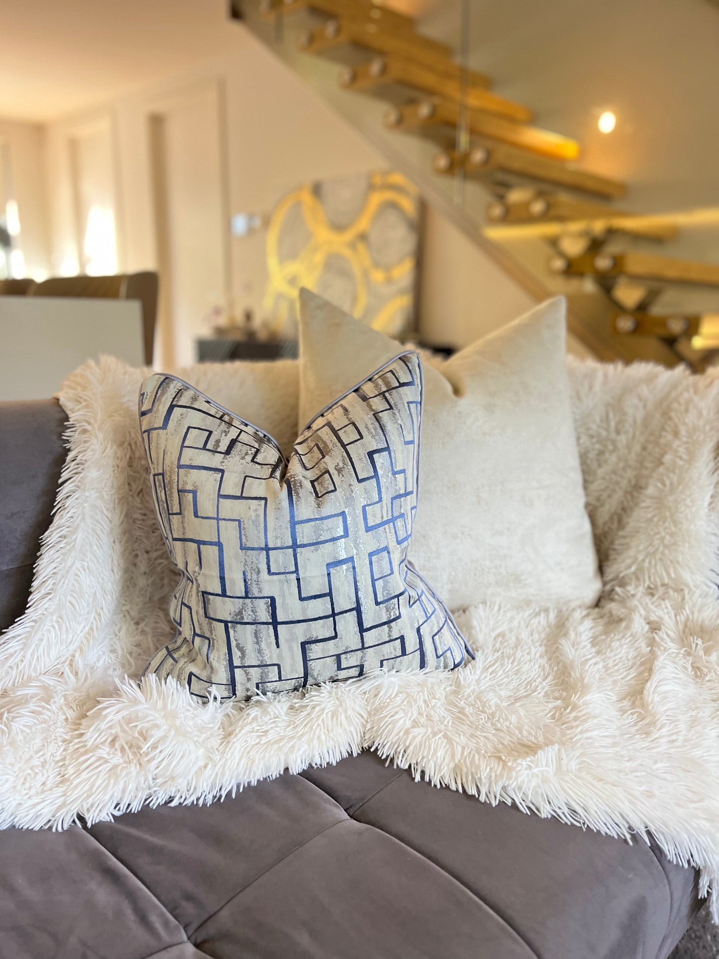 Symmetrical Blue and Silver Jacquard Luxury Cushion Cover