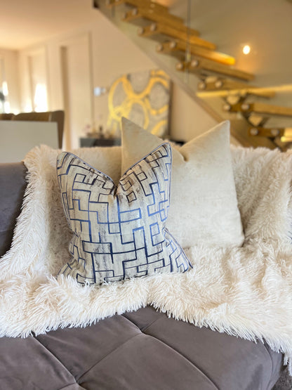 Symmetrical Blue and Silver Jacquard Luxury Cushion Cover