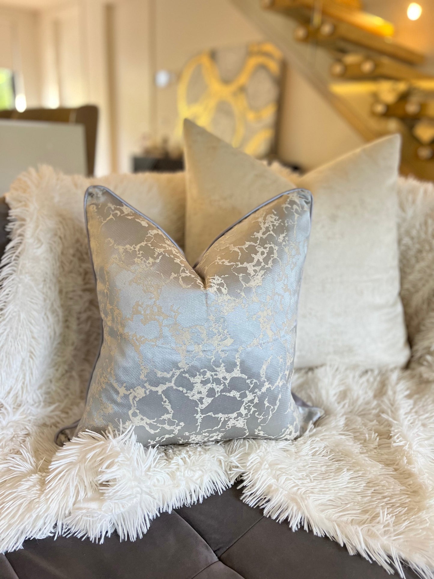 Silver and Blue Cloudy Luxury Cushion Cover