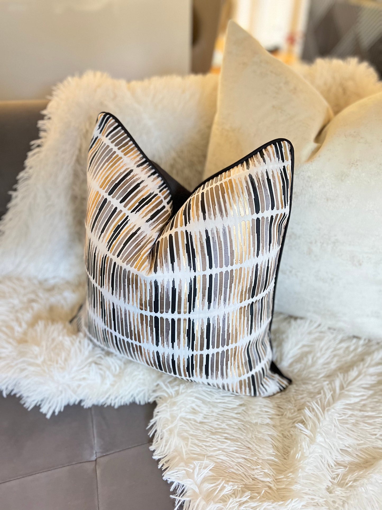 Striped Black and White Jacquard Luxury Cushion Cover