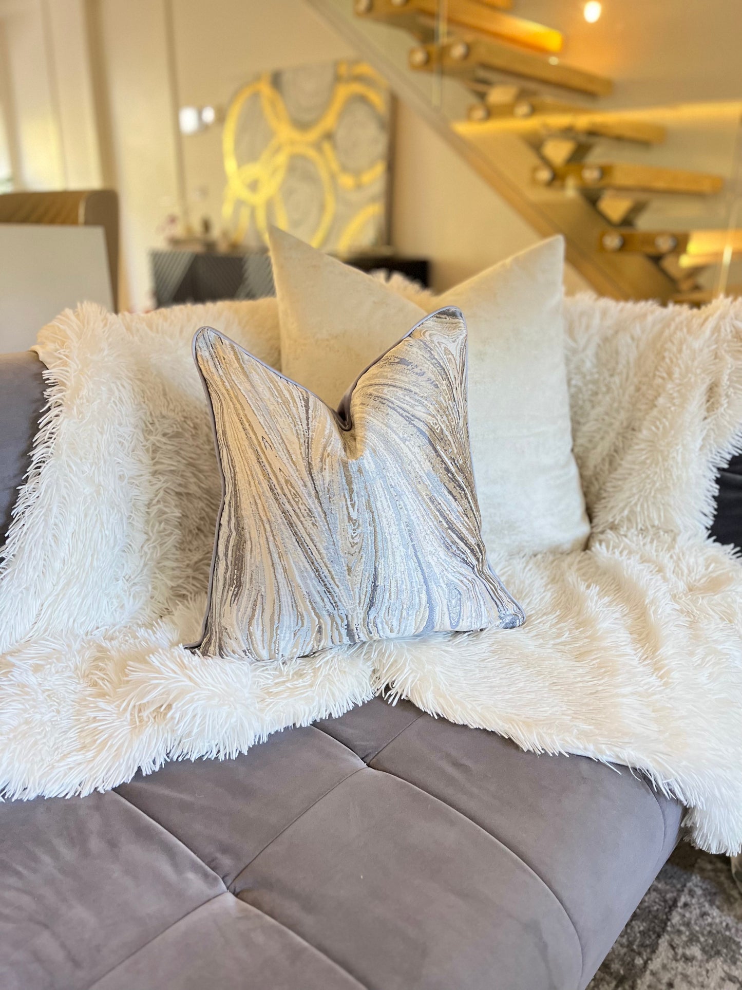 Cloudy Grey and Gold Jacquard Luxury Cushion Cover