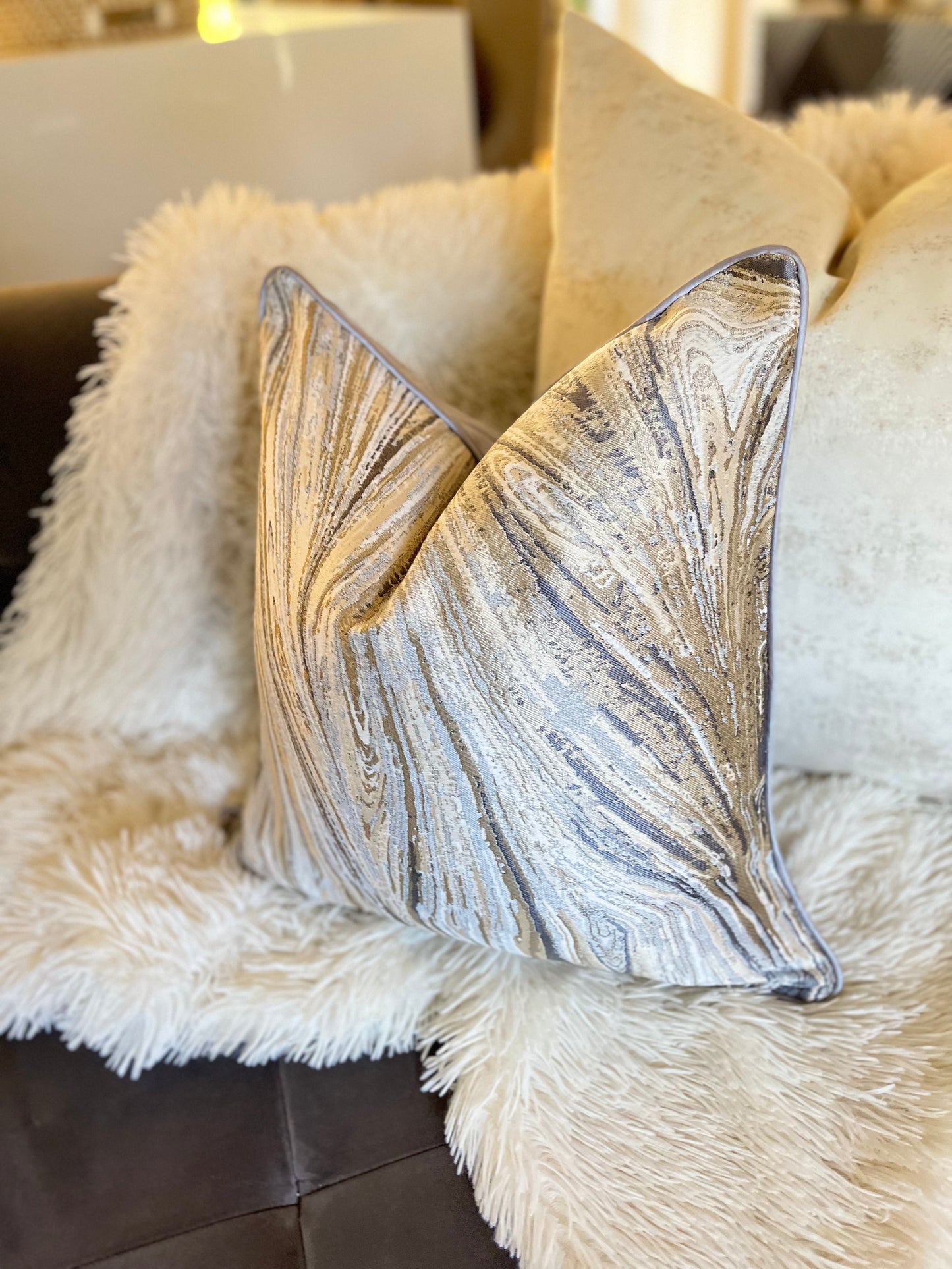 Cloudy Grey and Gold Jacquard Luxury Cushion Cover