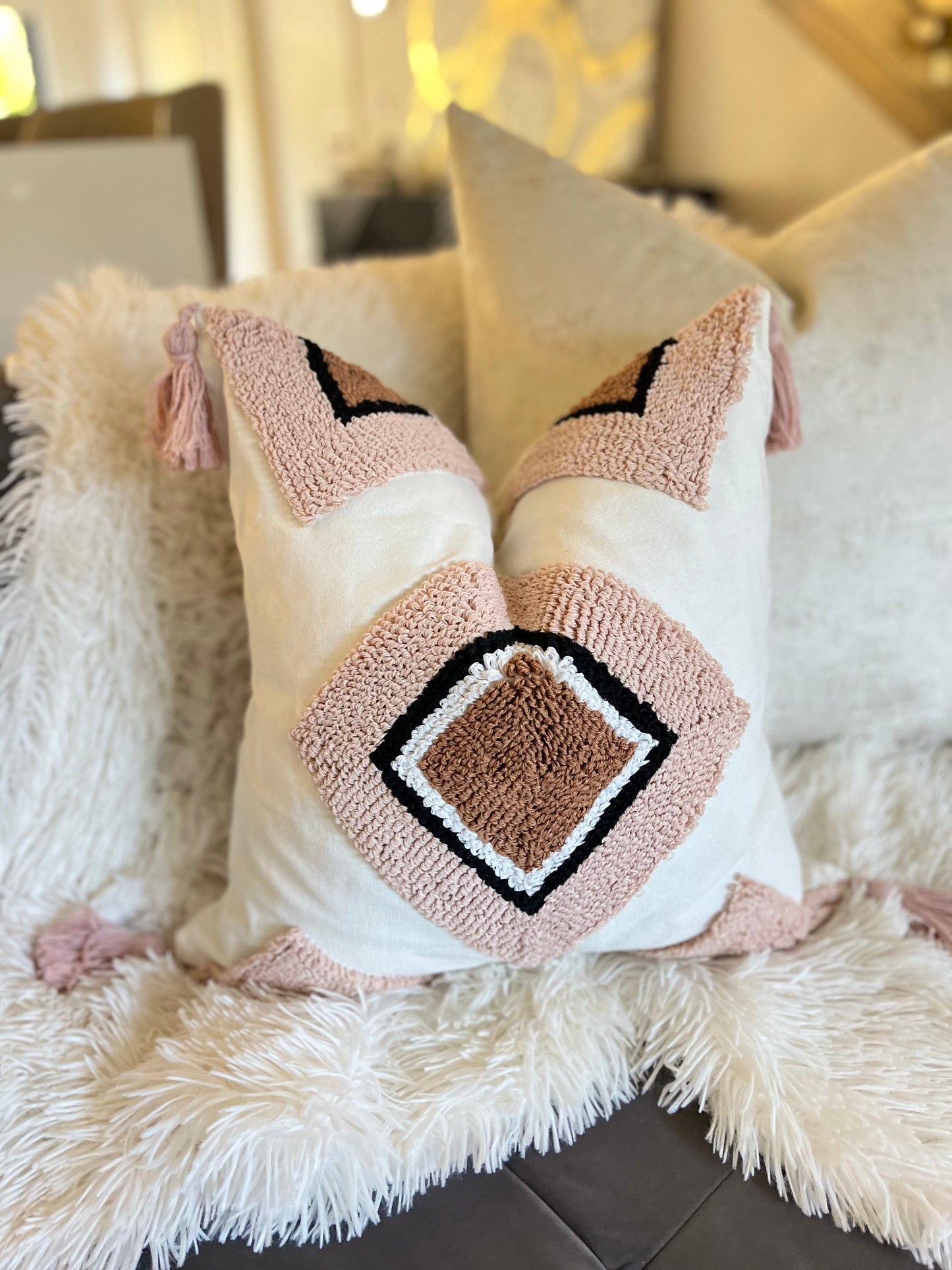 Bohemian Geometric Pink Jacquard Luxury Cushion Cover