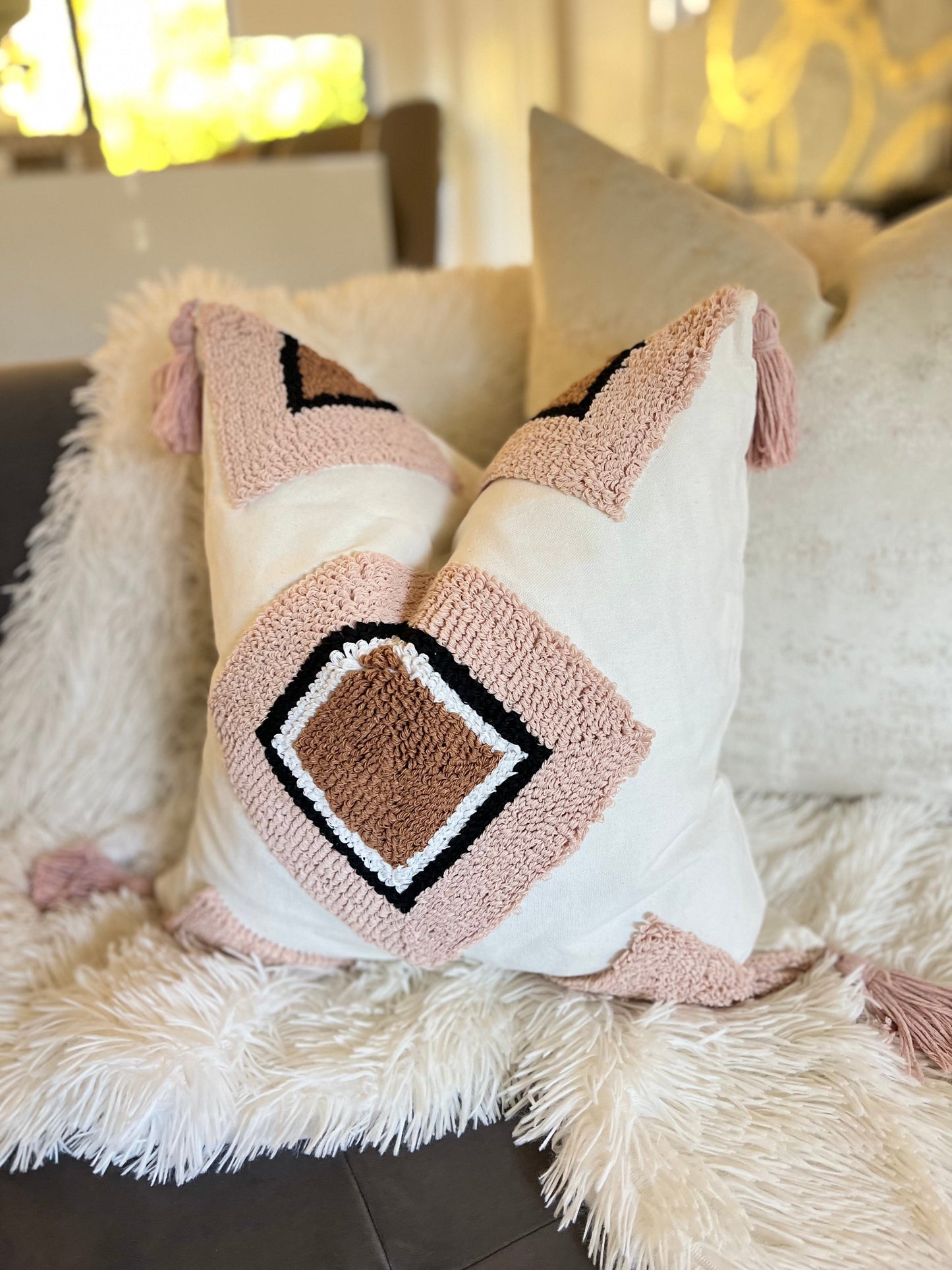 Bohemian Geometric Pink Jacquard Luxury Cushion Cover