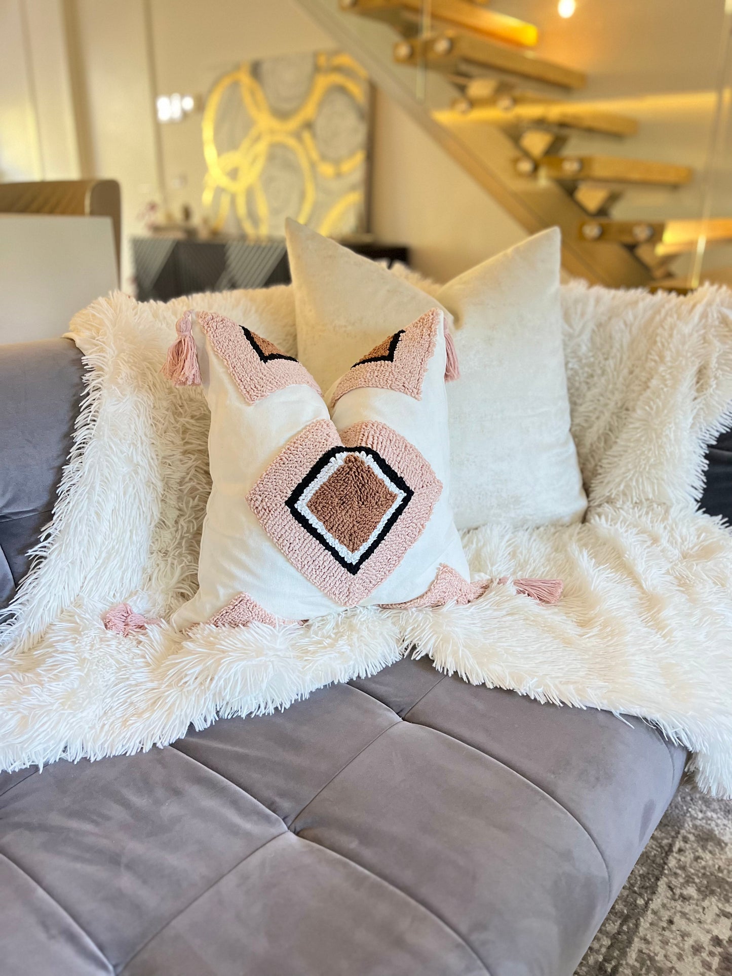 Bohemian Geometric Pink Jacquard Luxury Cushion Cover