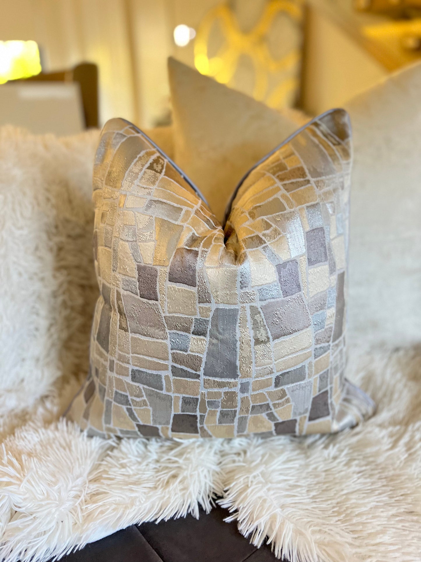 Geometric Nude and Grey Jacquard Luxury Cushion Cover
