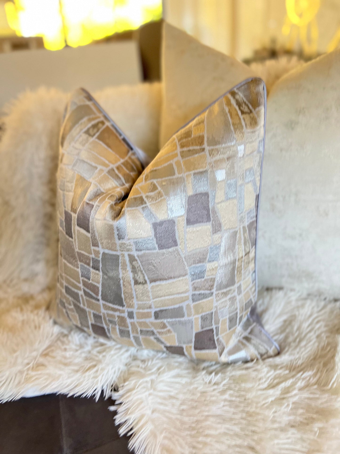 Geometric Nude and Grey Jacquard Luxury Cushion Cover