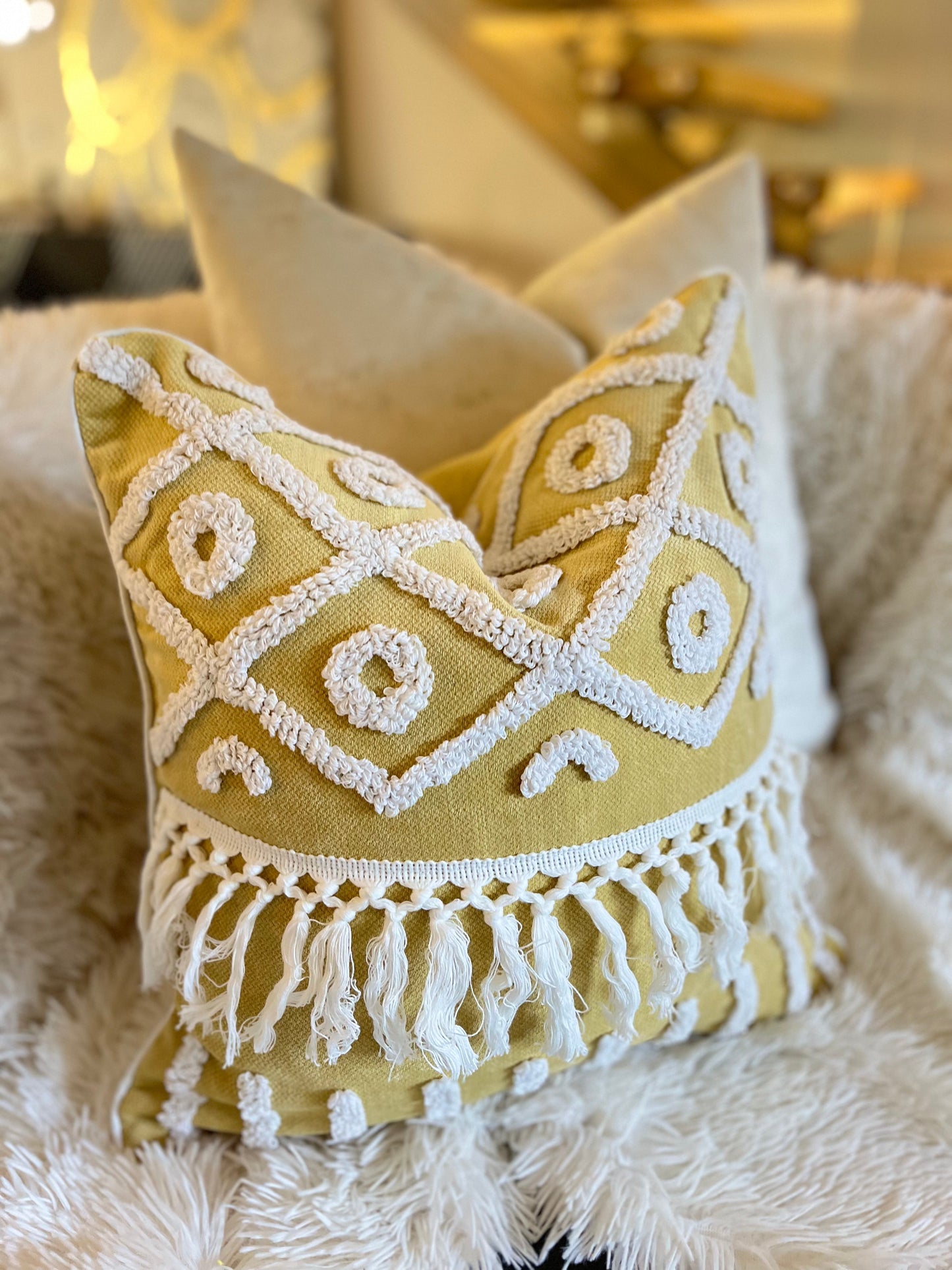 Bohemian Geometric Yellow and White Jacquard Luxury Cushion Cover