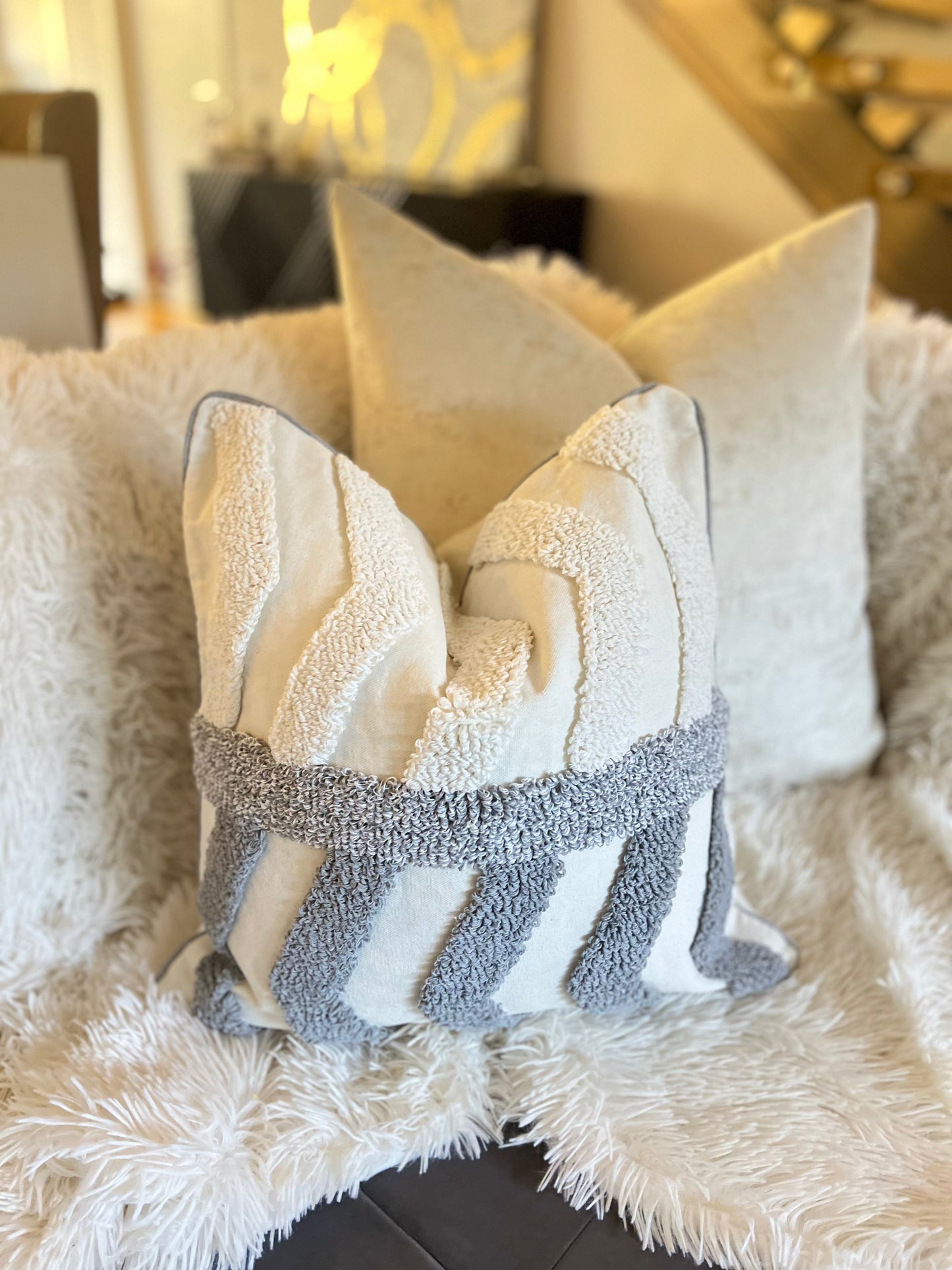 Bohemian Striped Grey and White Jacquard Luxury Cushion Cover