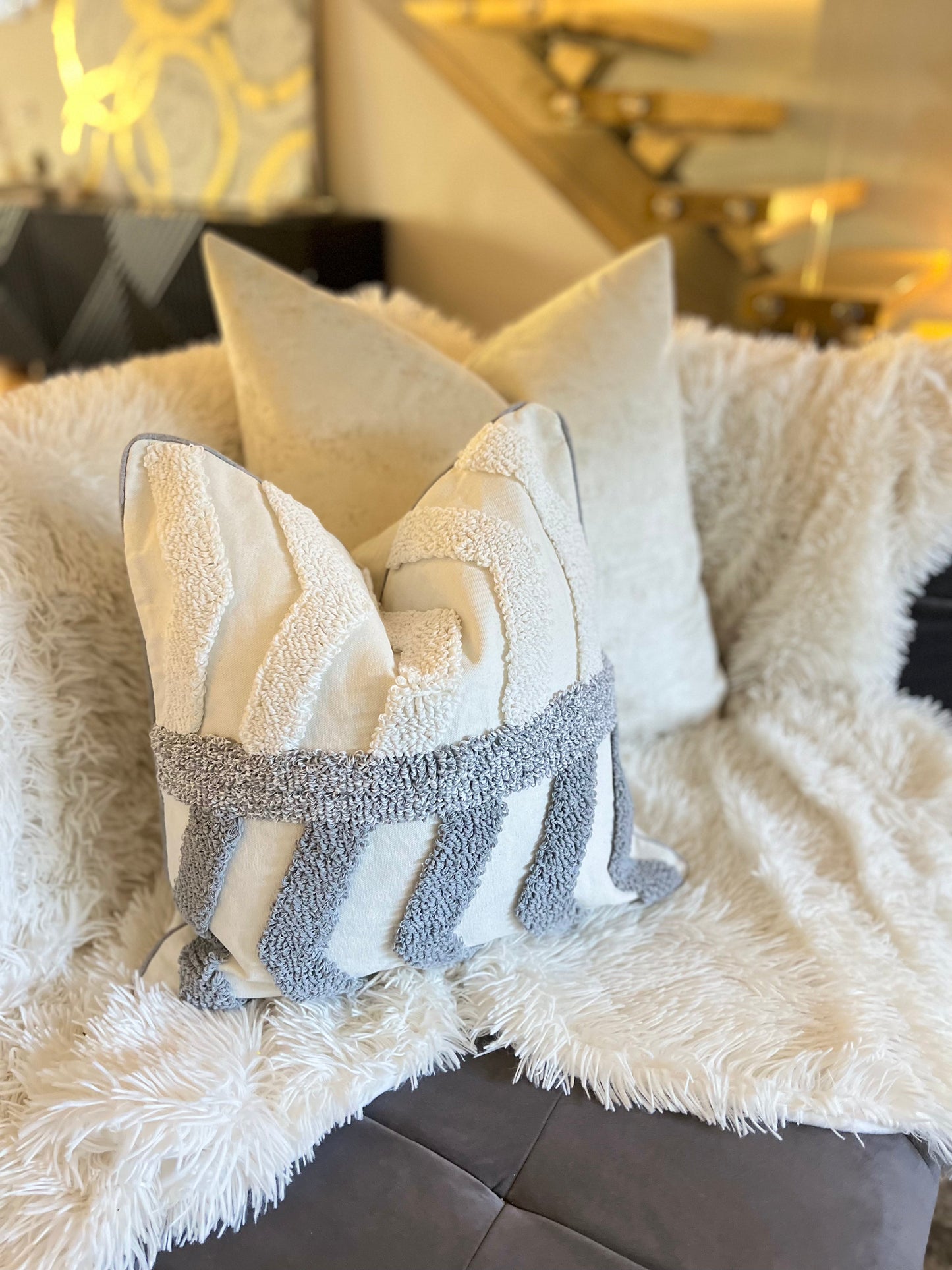 Bohemian Striped Grey and White Jacquard Luxury Cushion Cover