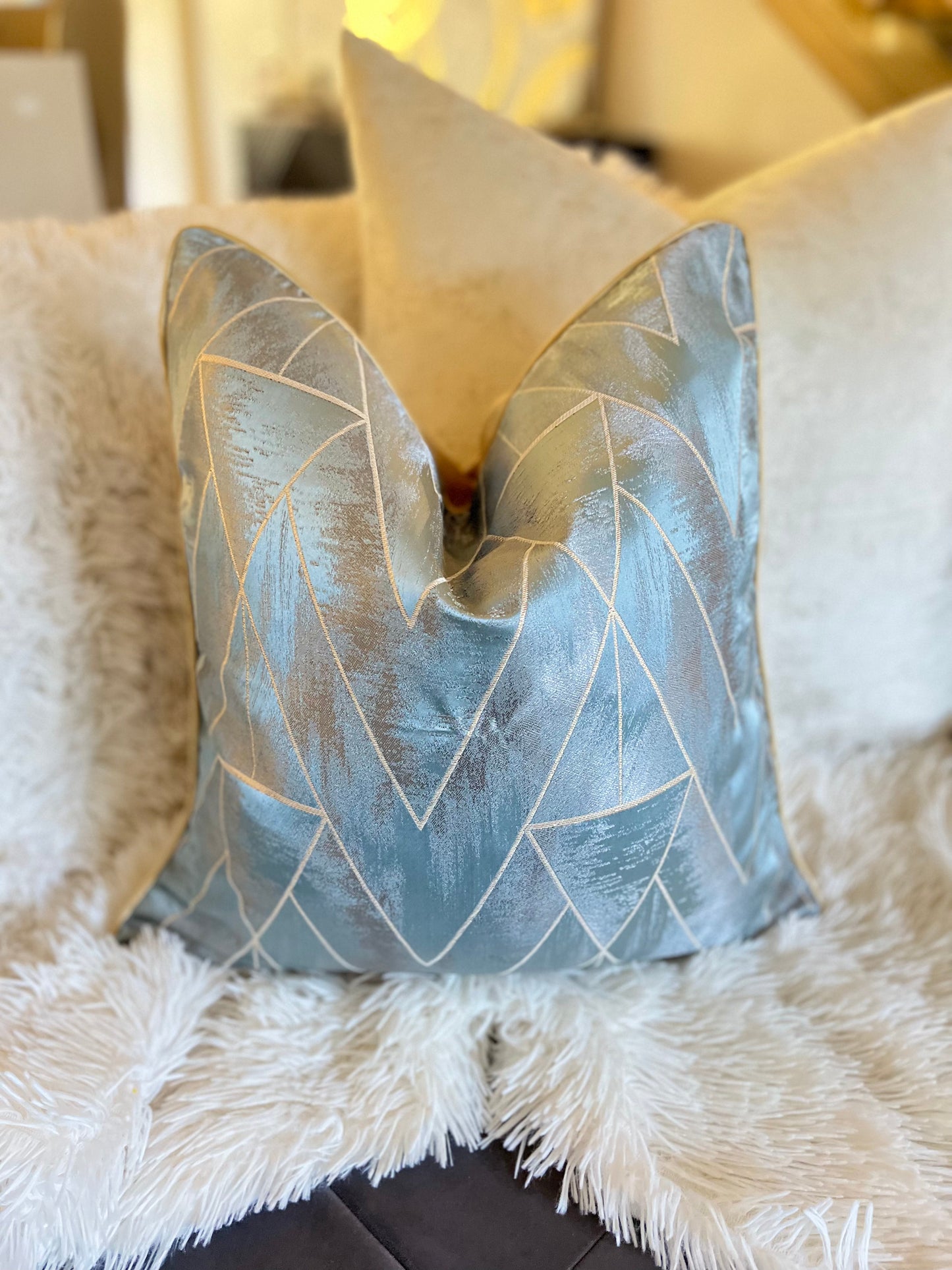 Silver and Blue Jacquard Luxury Cushion Cover