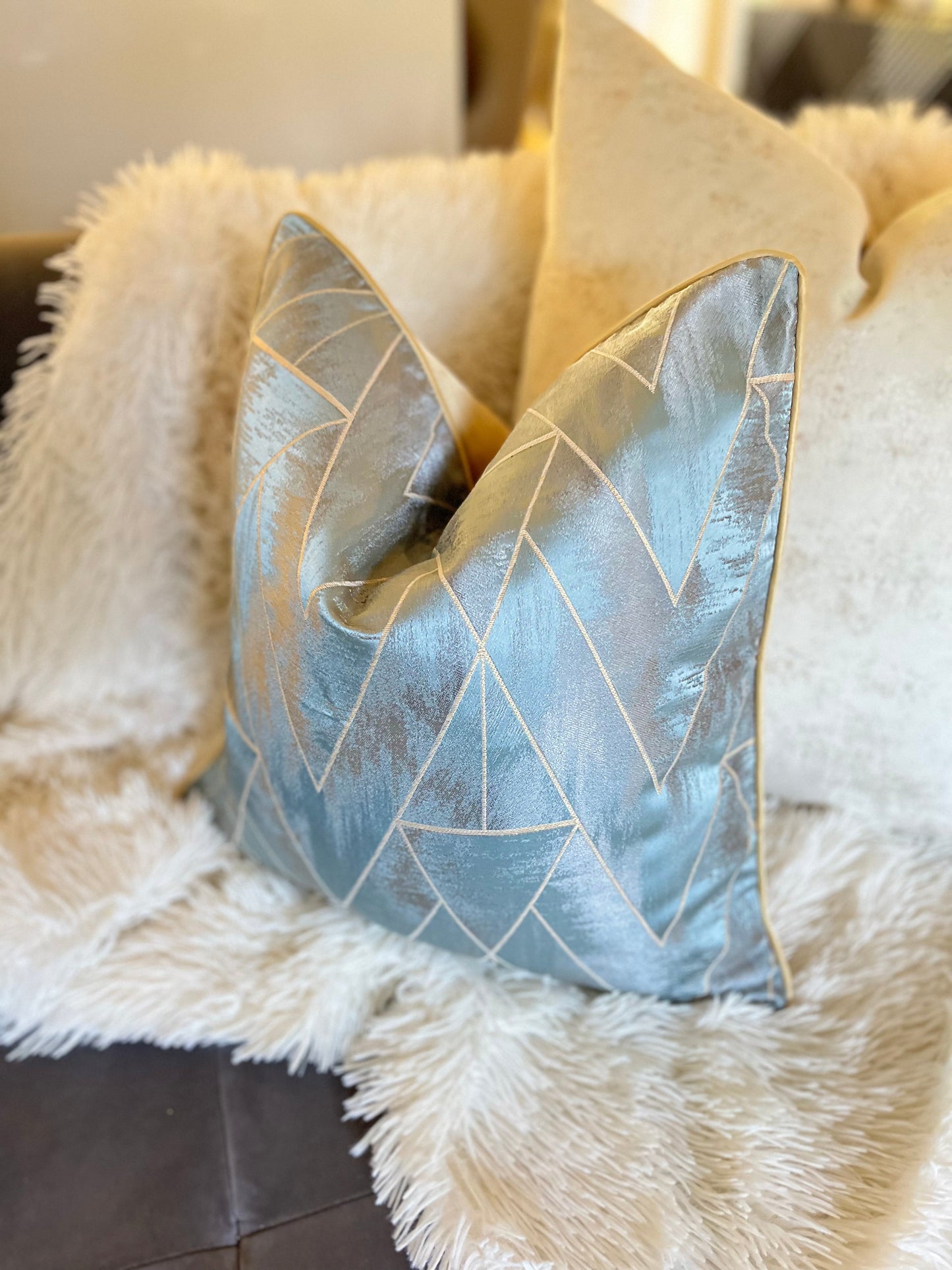 Silver and Blue Jacquard Luxury Cushion Cover