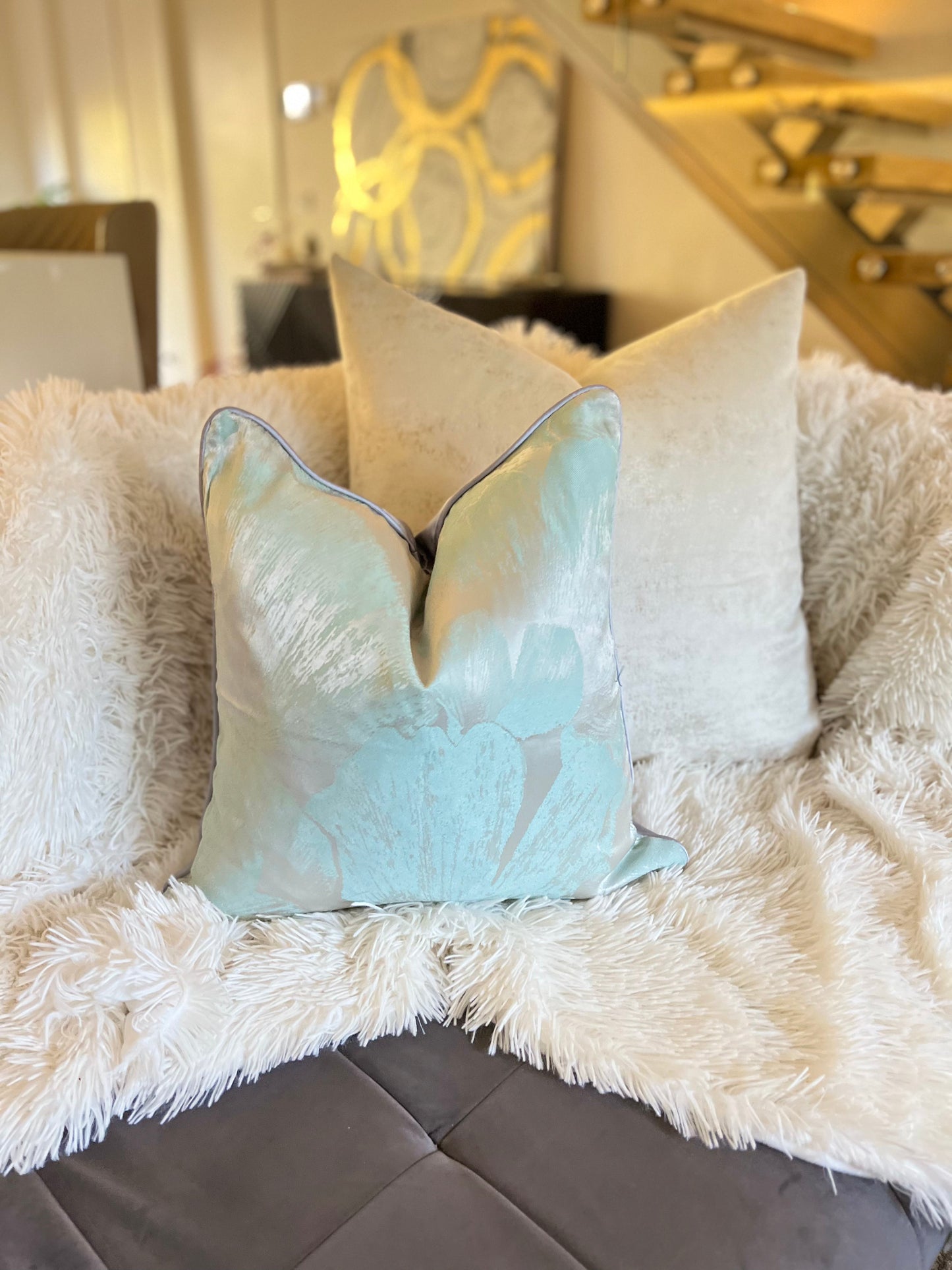 Light Blue and Silver Jacquard Luxury Cushion Cover