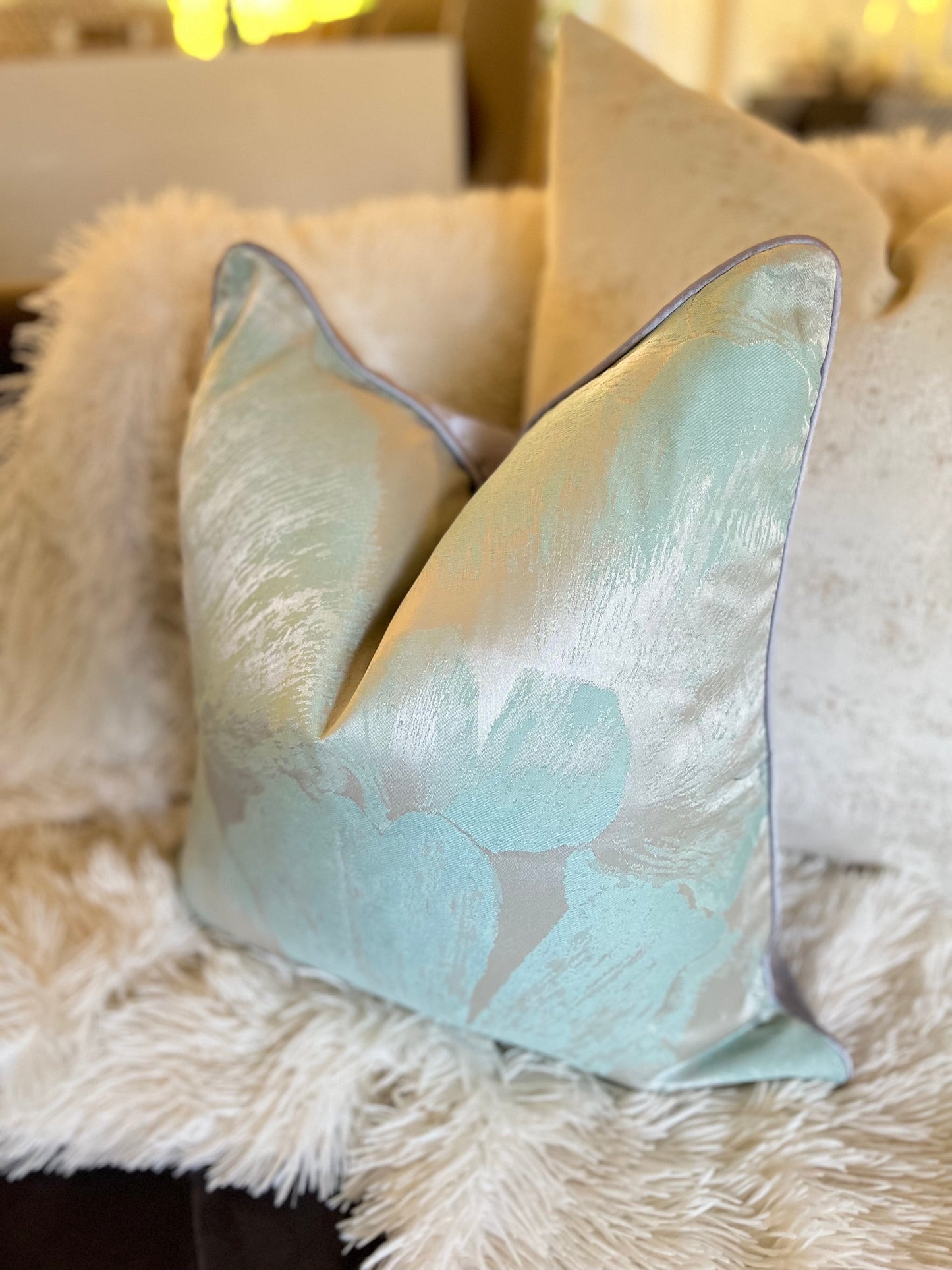 Light Blue and Silver Jacquard Luxury Cushion Cover