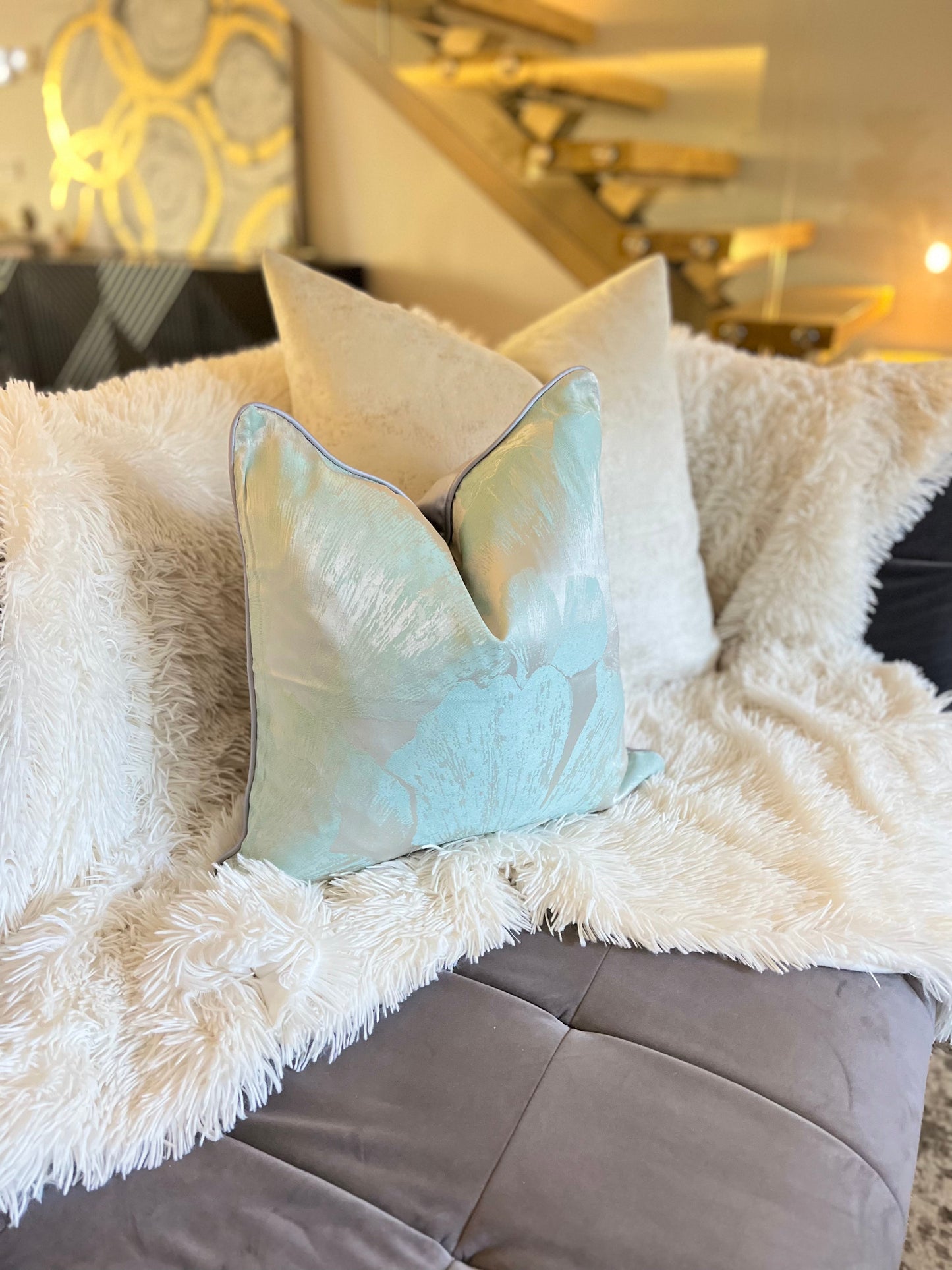Light Blue and Silver Jacquard Luxury Cushion Cover