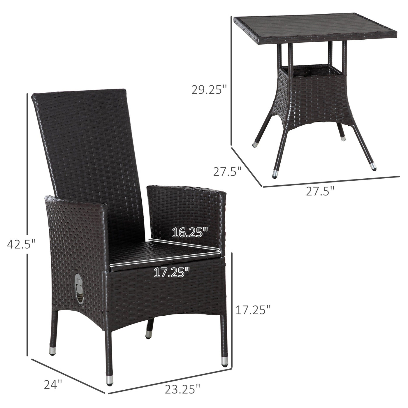 Outsunny 3 Pieces Patio PE Rattan Sofa Set, Outdoor Recliner Chairs Wood Grain plastic Top Coffee Table