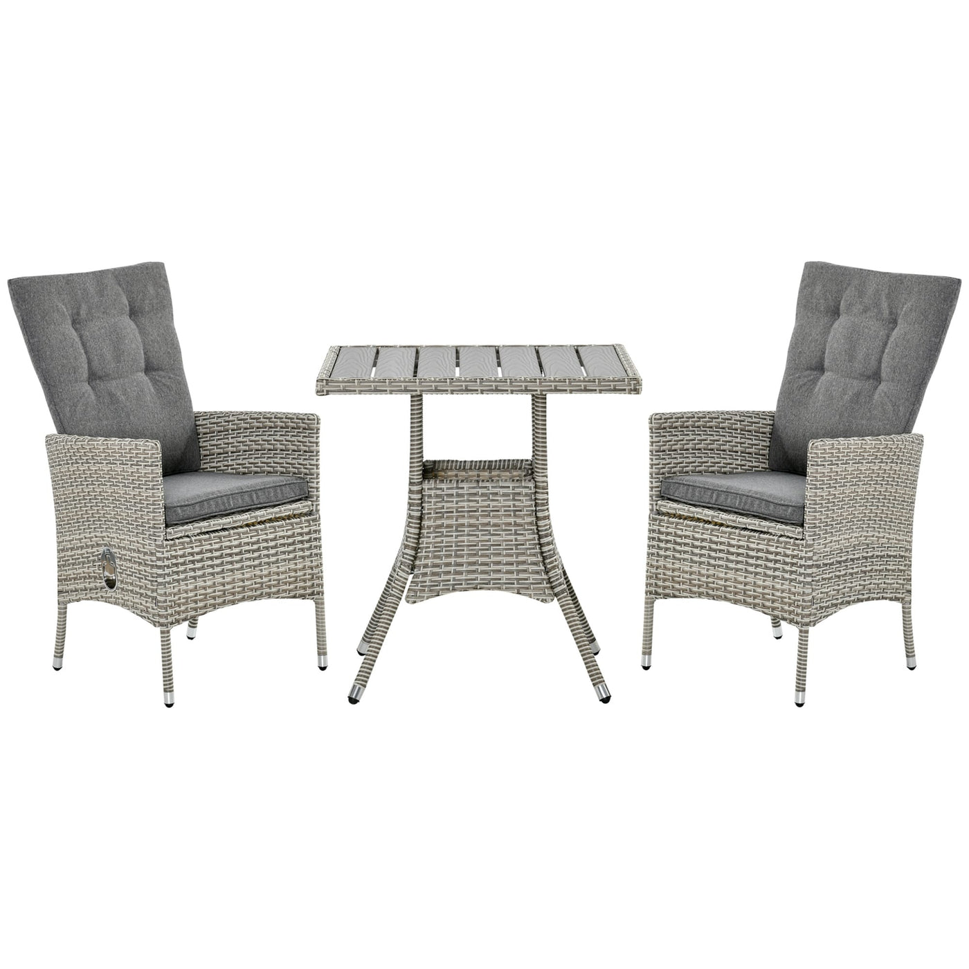 Outsunny 3 Pieces Patio PE Rattan Sofa Set, Outdoor Recliner Chairs Wood Grain plastic Top Coffee Table