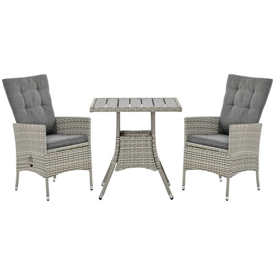 Outsunny 3 Pieces Patio PE Rattan Sofa Set, Outdoor Recliner Chairs Wood Grain plastic Top Coffee Table
