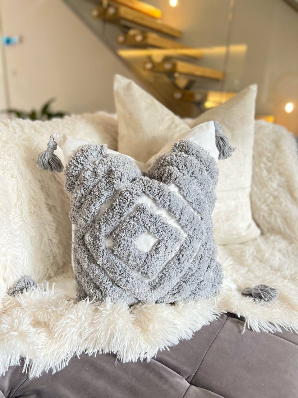 White and Dark Grey Bohemian Style Cushion