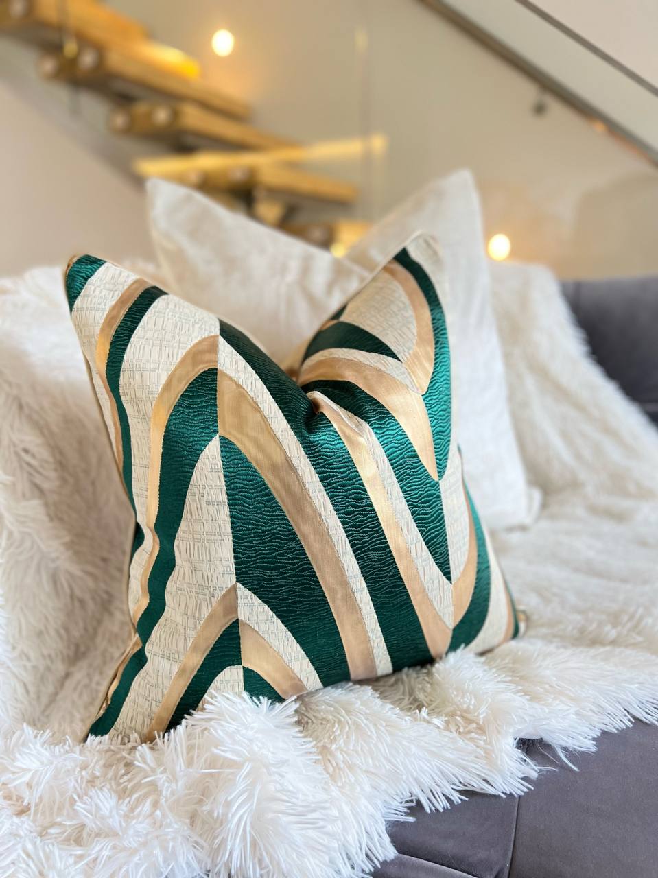 Green and Gold Checkered Luxury Cushion Cover