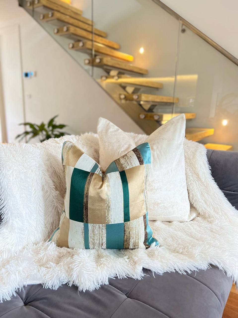 Striped Green and Gold Luxury Cushion Cover