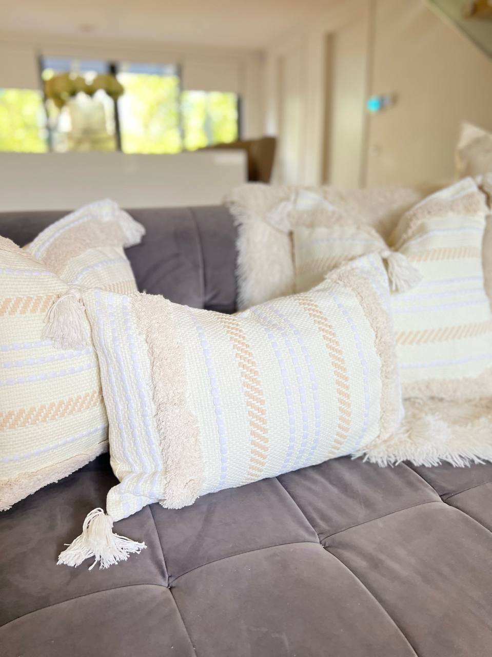 Rectangle Cream and White Bohemian Style Cushion