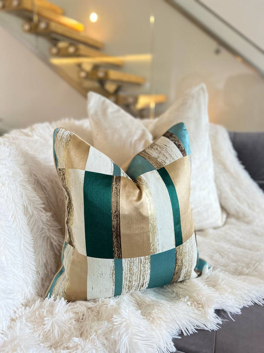 Striped Green and Gold Luxury Cushion Cover