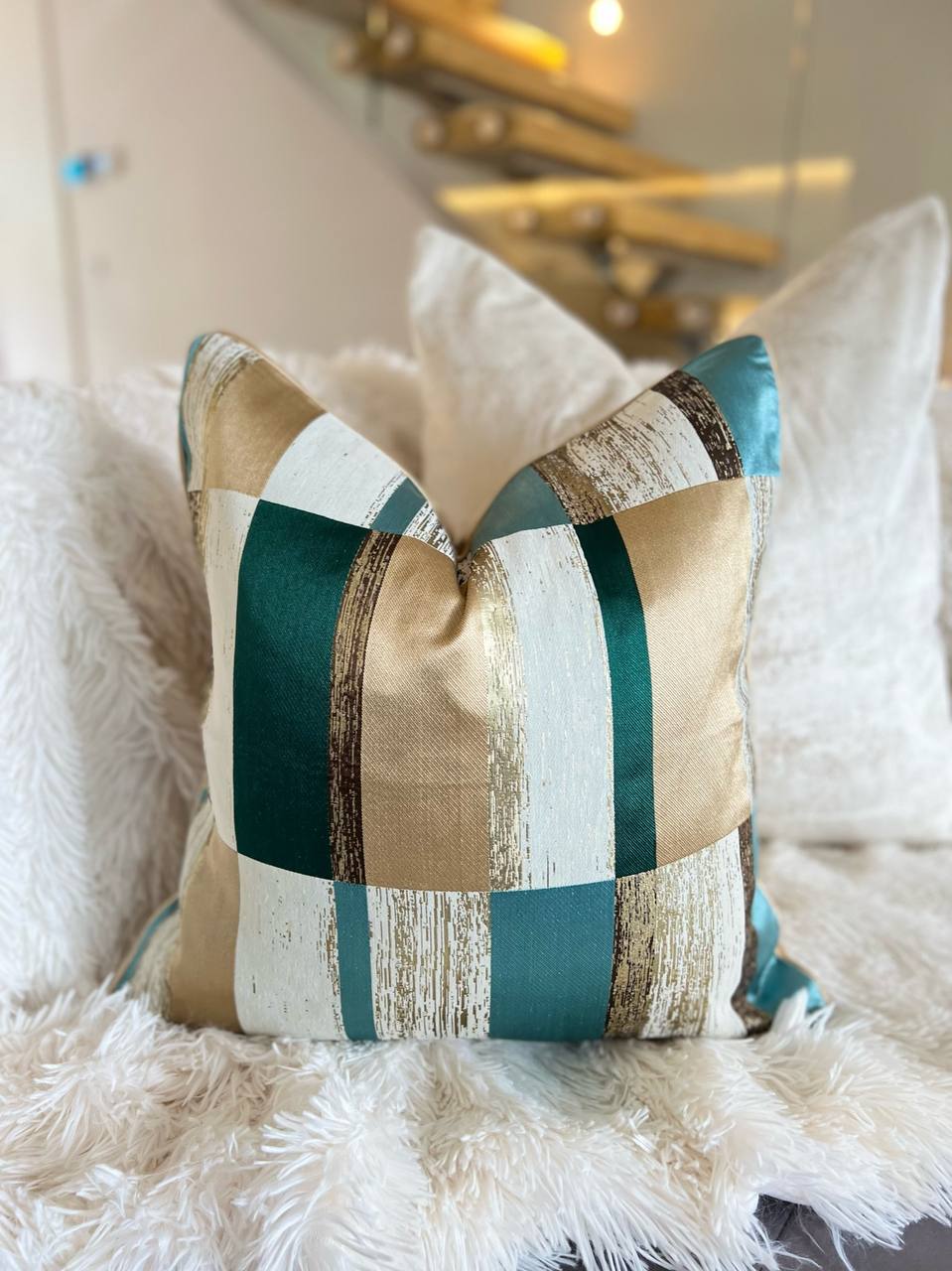 Striped Green and Gold Luxury Cushion Cover